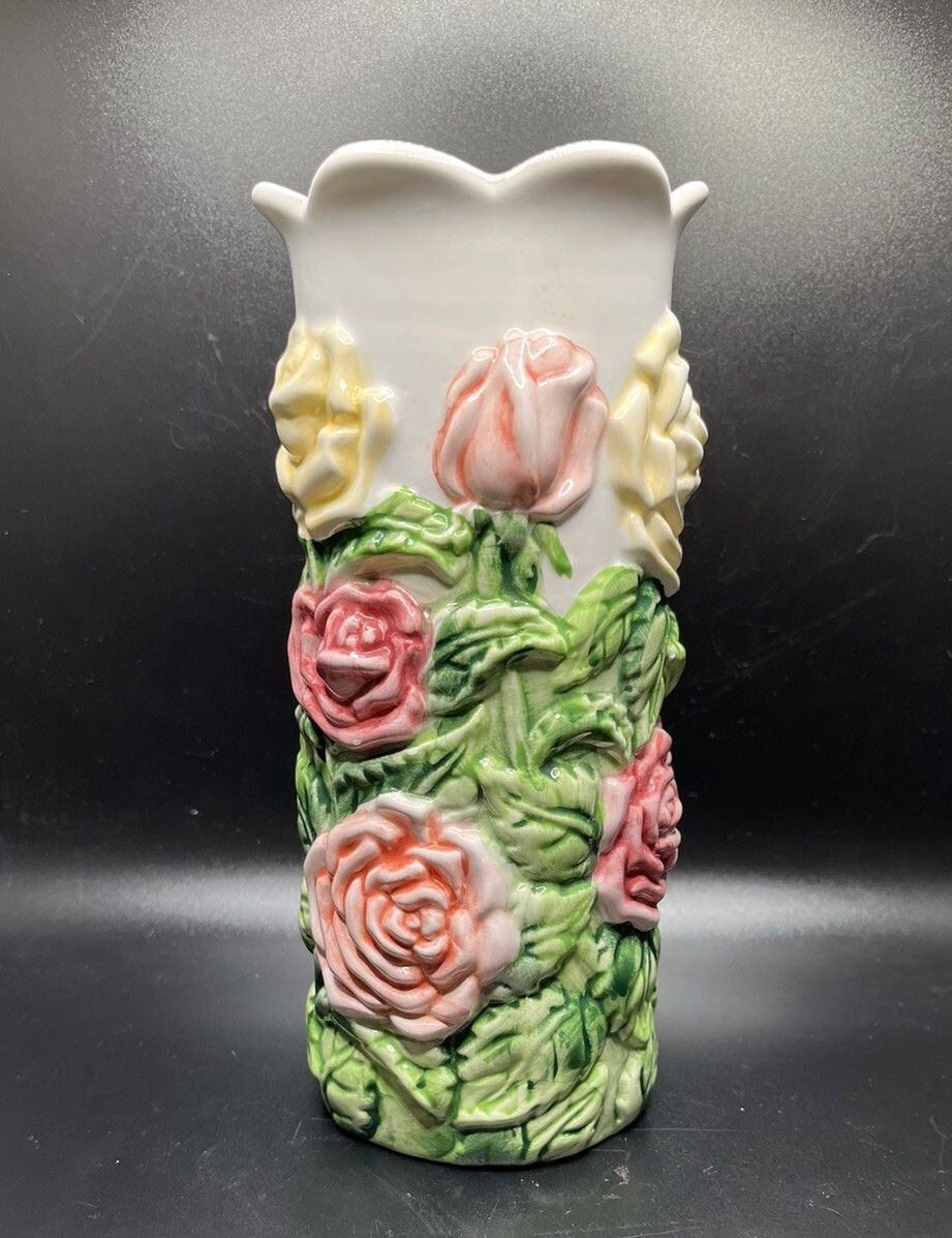 Asia Master Group pink and yellow roses with greenery – 7.5” tall vase
