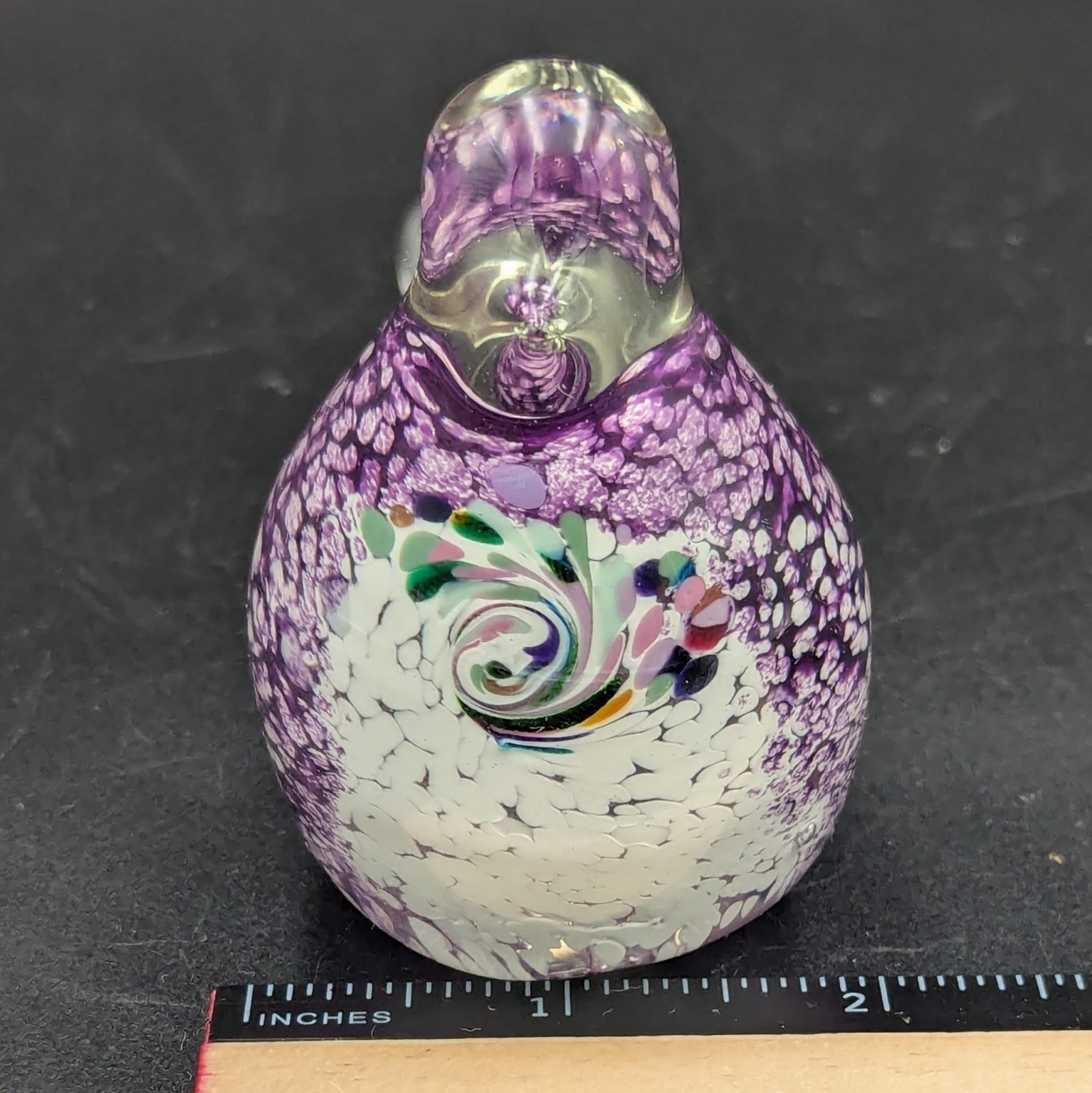 Art Glass Hand Blown Signed Bird Figure JP 94 Purple White Swirl Paperweight