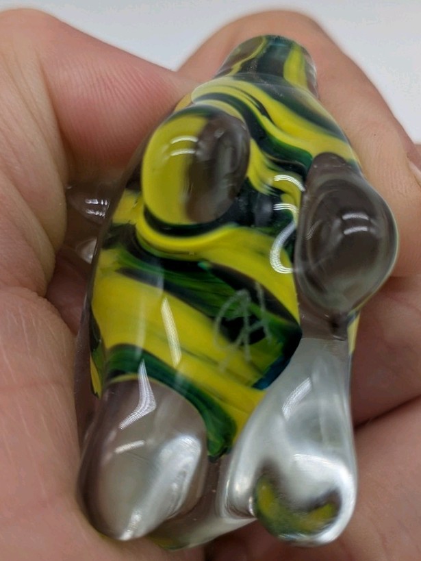 Handblown Glass Pig Figurine Green & Yellow Swirl Small 2″ Marked