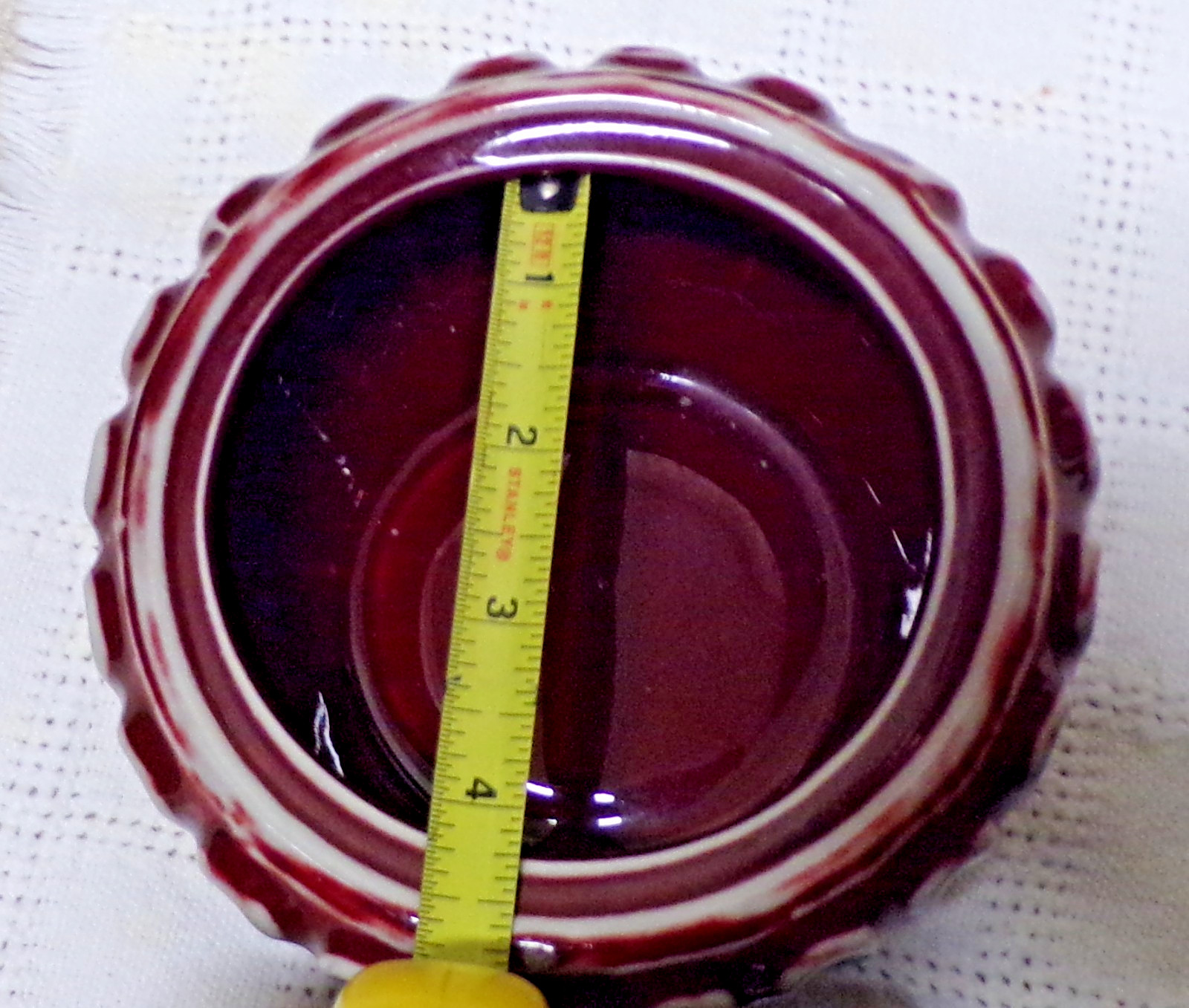 Vintage Maroon and White Geomtric Ceramic Drip Glaze Pot Mid Century Small