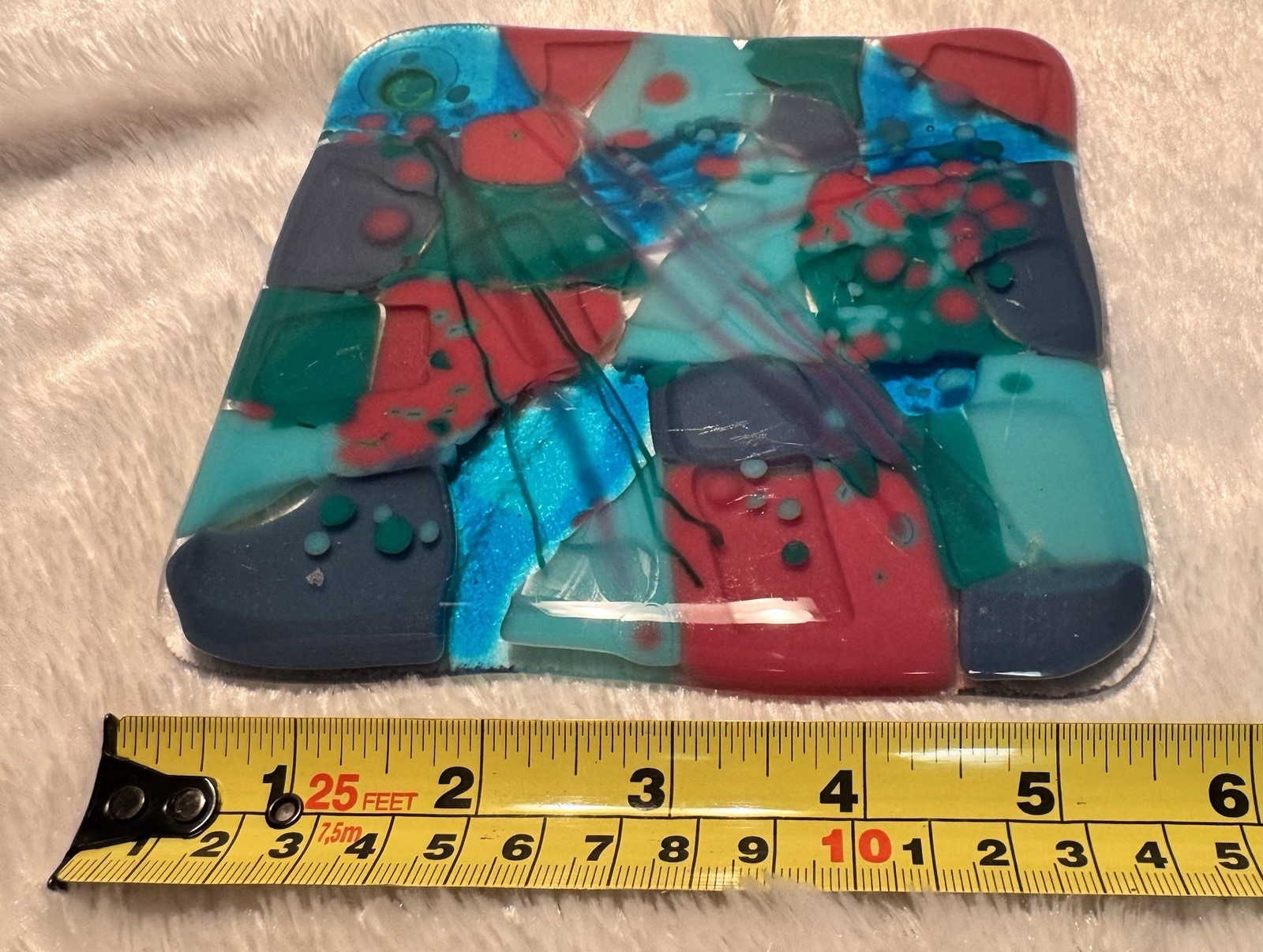 Fused Art Glass Square Candle Holder, Trinket Catcher Coaster Patchwork Colorful