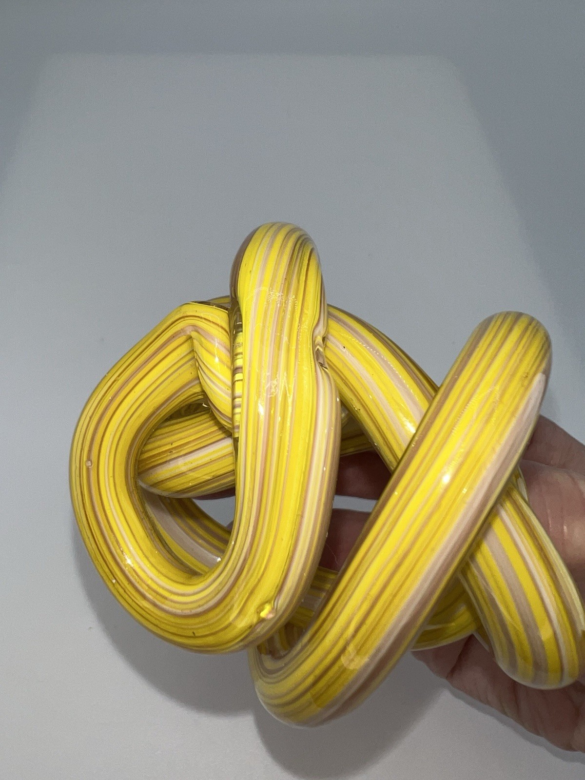 Art Glass Infinity Knot Paperweight Yellow, White, Light Brown Glass Modern