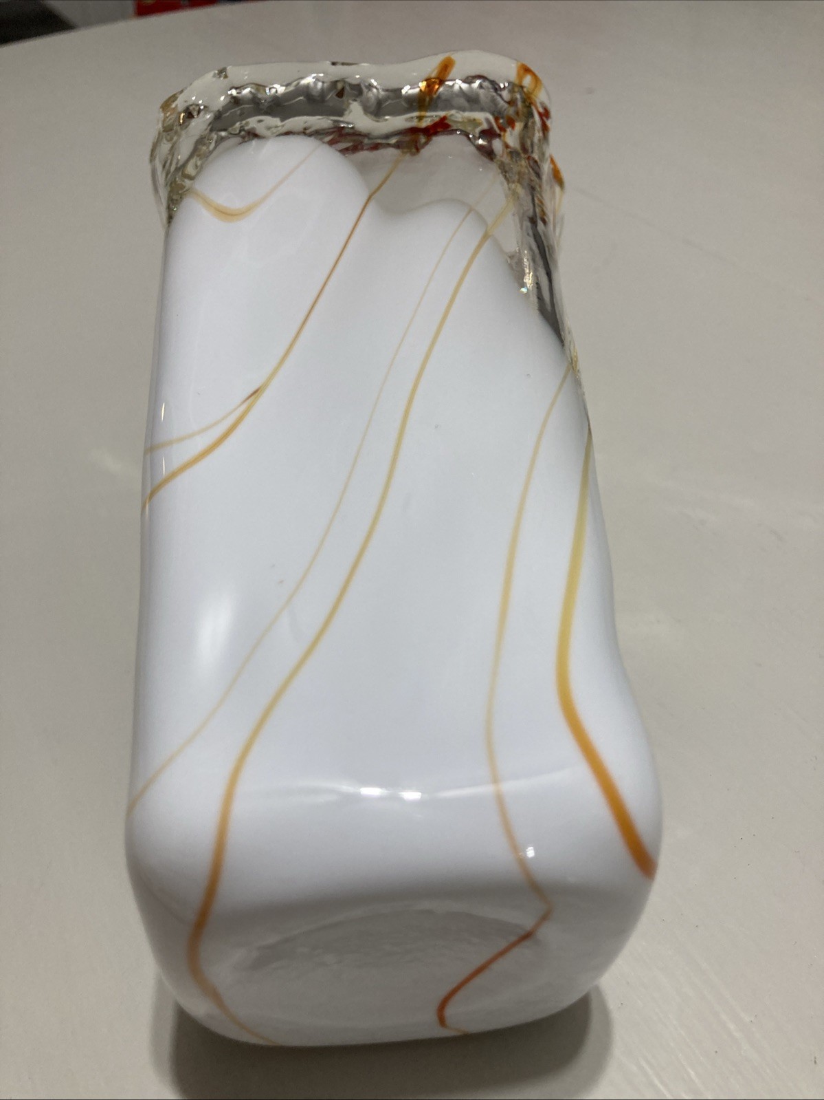 Vintage Handblown Modern Art Glass 7.75″ Vase Marbled Orange, White & Clear