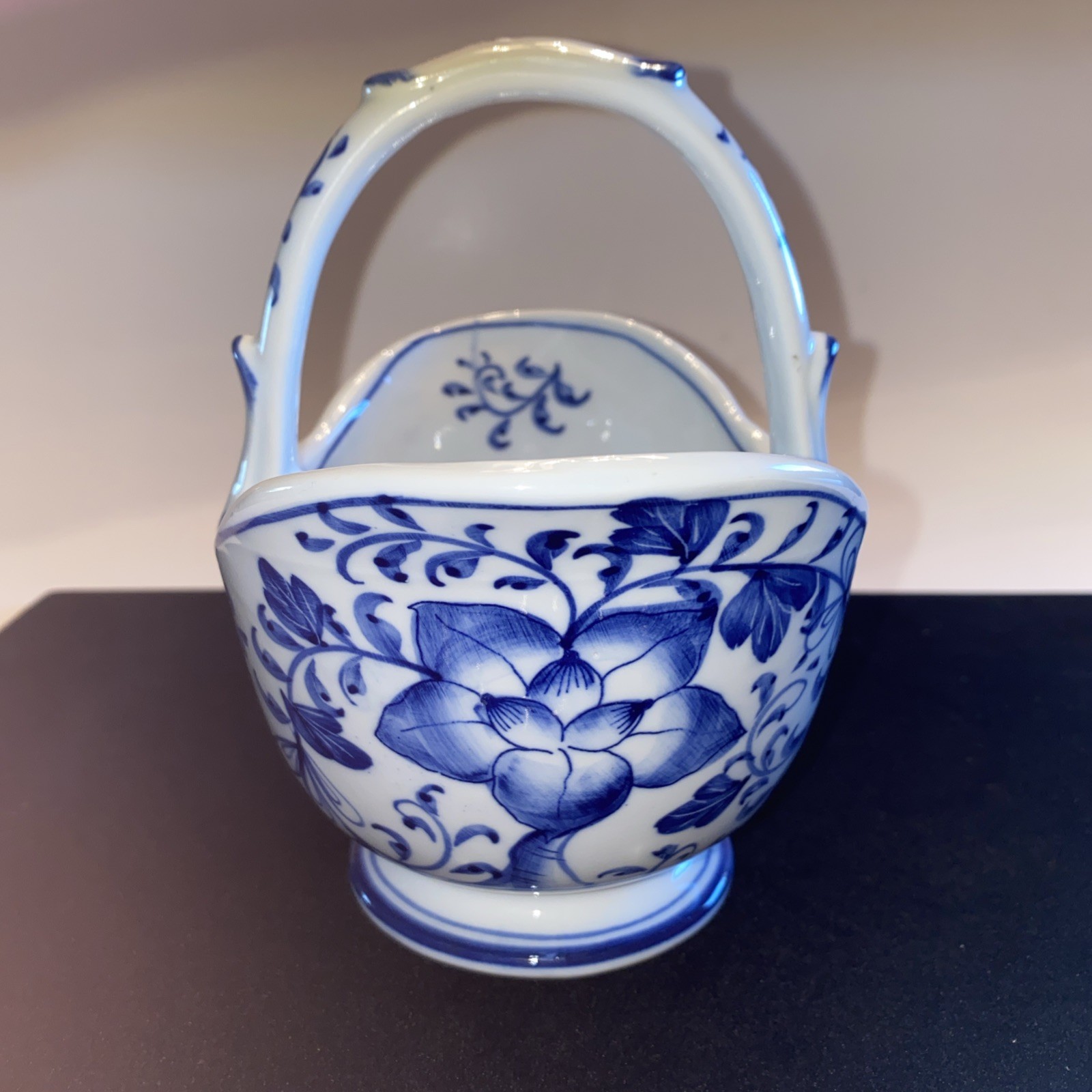 Andrea by Sadek Blue Mum Handled Handpainted Porcelain Basket