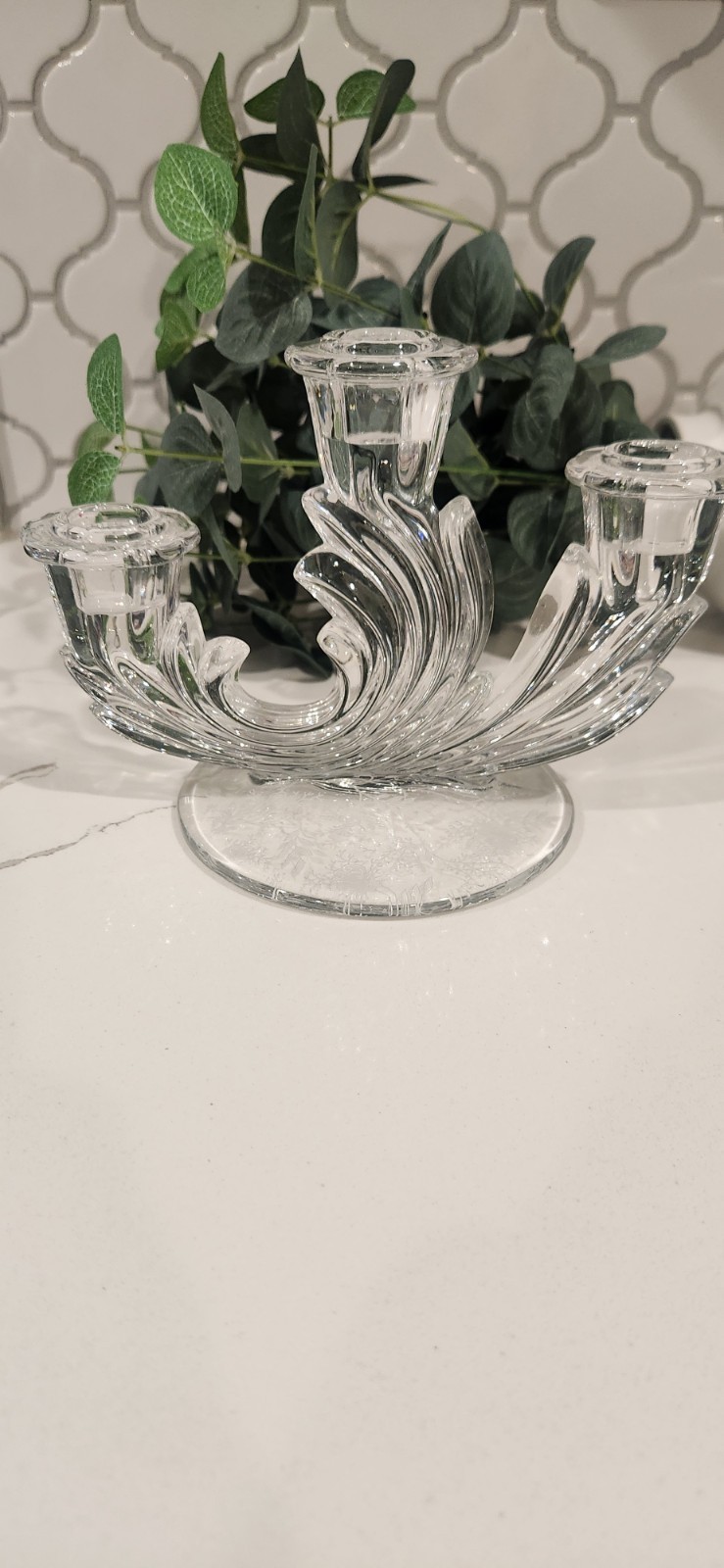 Fostoria BAROQUE crystal GLASS CANDLESTICK candle holder triple CHINTZ 388 ETCH