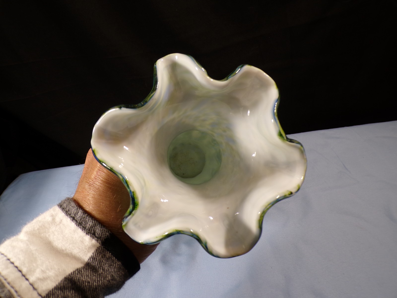 Fenton Vasa Murrhina Glass Aventurine Green with Blue Large Melon Vase 11 1/2″