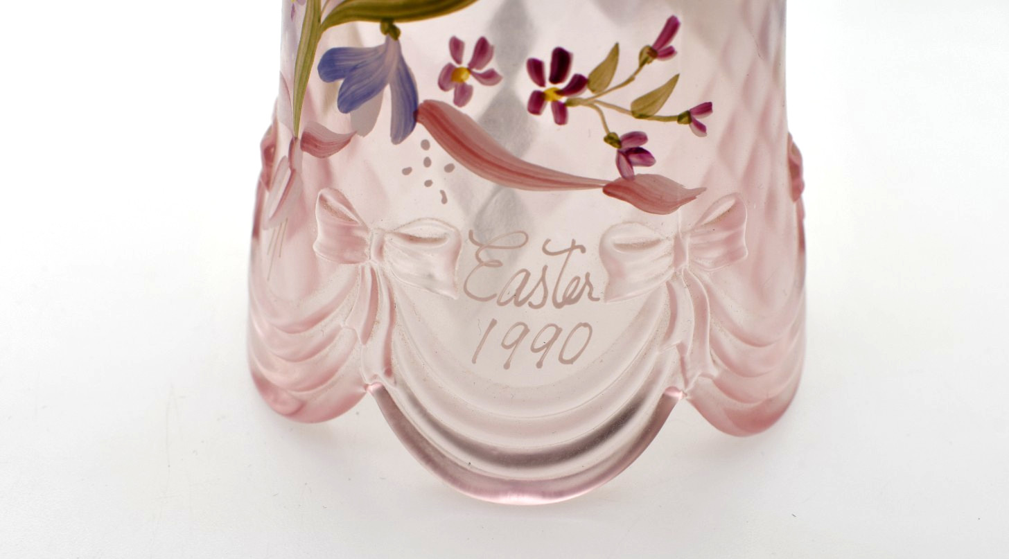 Beautiful Fenton Bell Hand Painted by Spindler Signed Easter 1990 Pink 6.75″