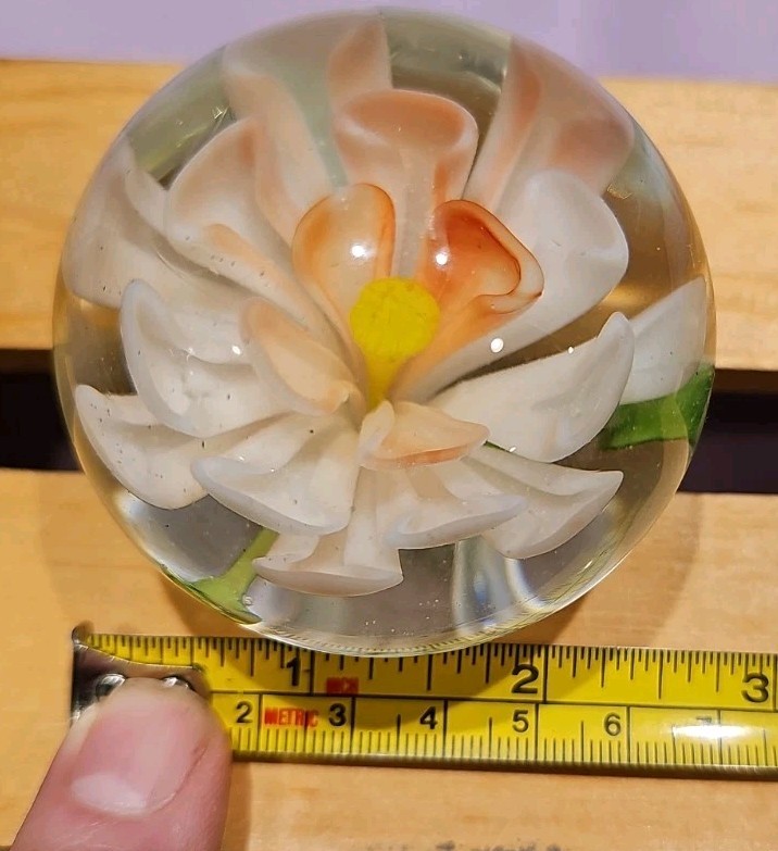 Vintage Art Glass peach & white Flower Paperweight