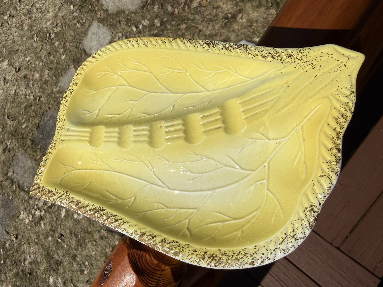 Vintage MCM Leaf Shape Ceramic Ashtray Trinket Dish Yellow W/ Gold Accent 9.75″