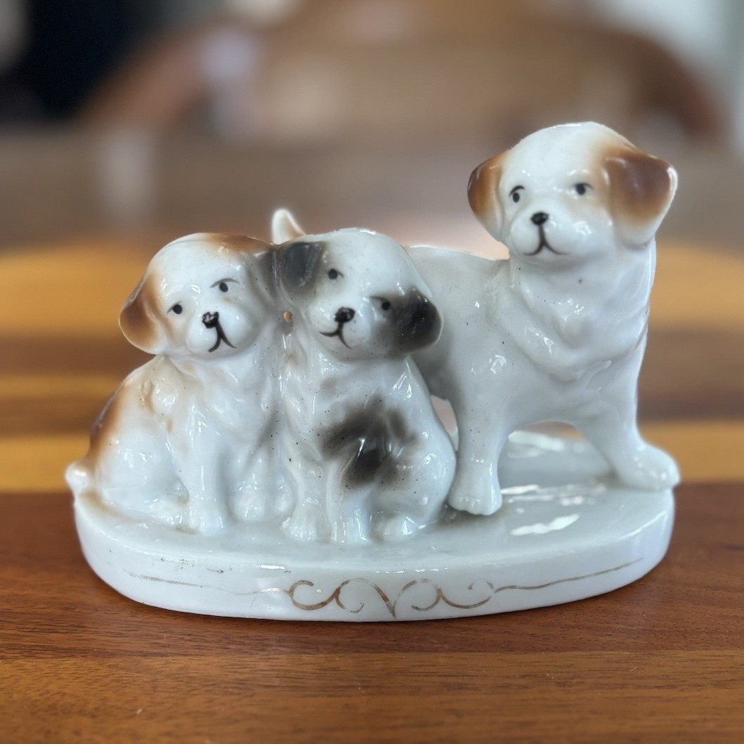 Collectible Japan Glossy Ceramic Puppy Dog Figurine White Brown Gray Painted