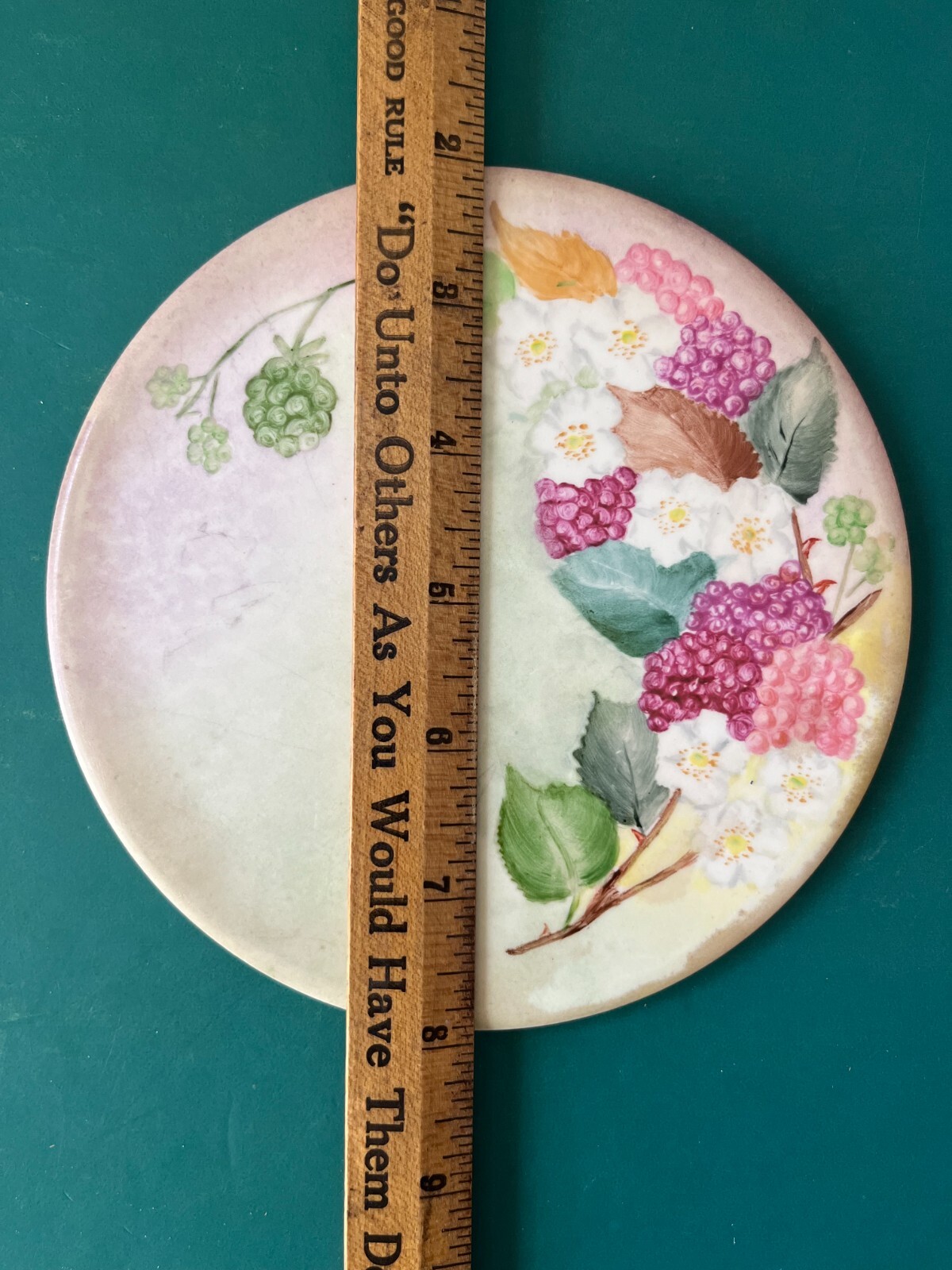 Vintage WHEELING Hand Painted Floral Porcelain Pottery Art TILE Trivet Round