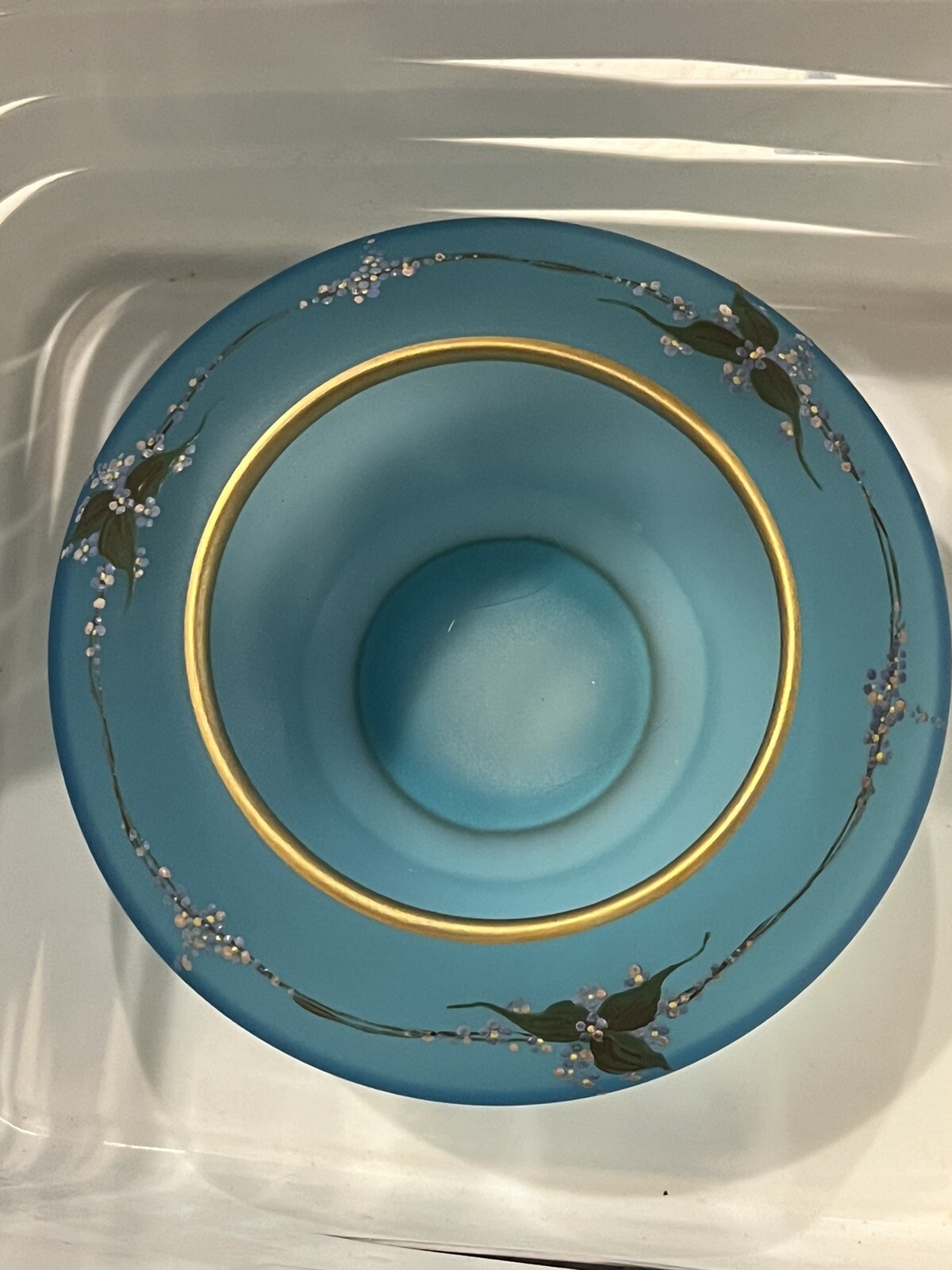 Vintage Tiffin Satin Blue Hand Painted Enameled Floral LiddedCandy Dish Nut Bowl