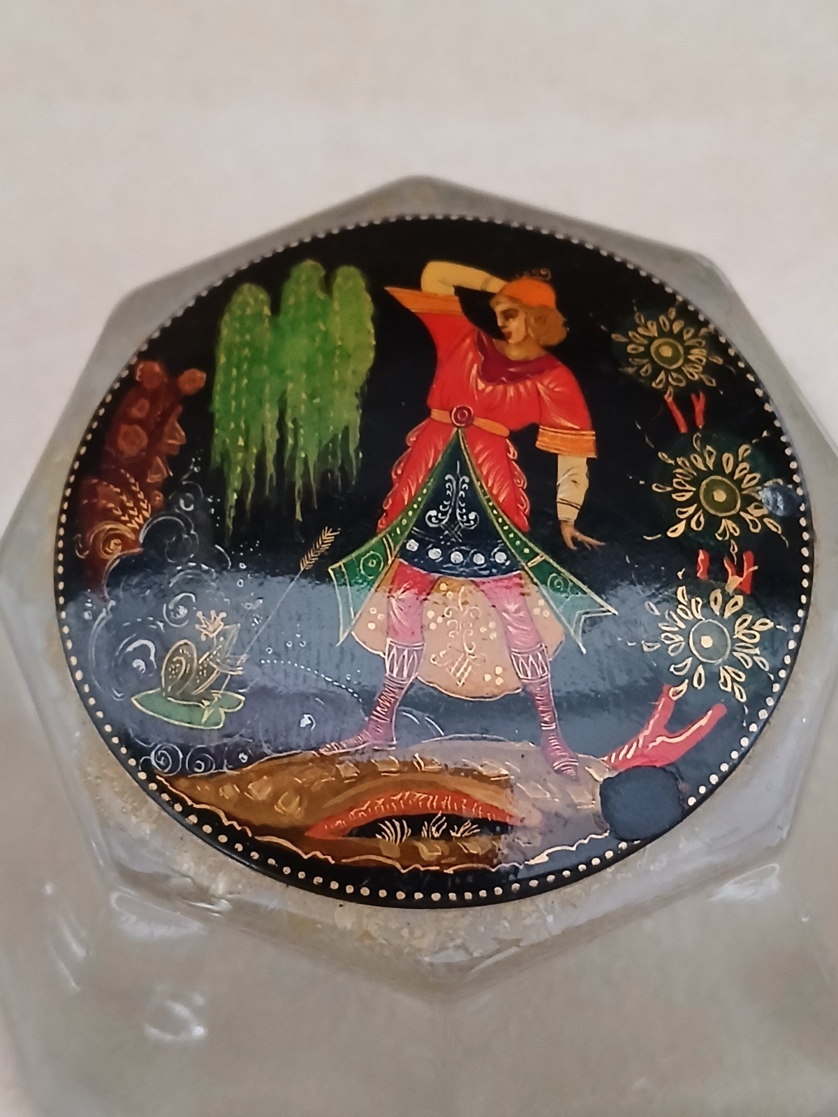 Antique Tapered Octagonal Glass Paperweight with Russian Lacquer Artwork to Top
