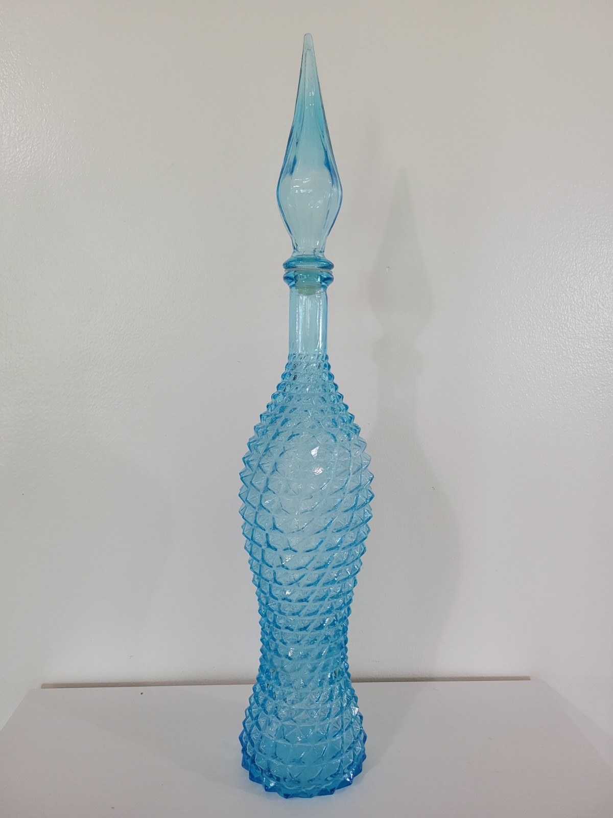 Vintage MCM 23″ Empoli Blue Glass Genie Bottle Decanter Diamond Point Pineapple