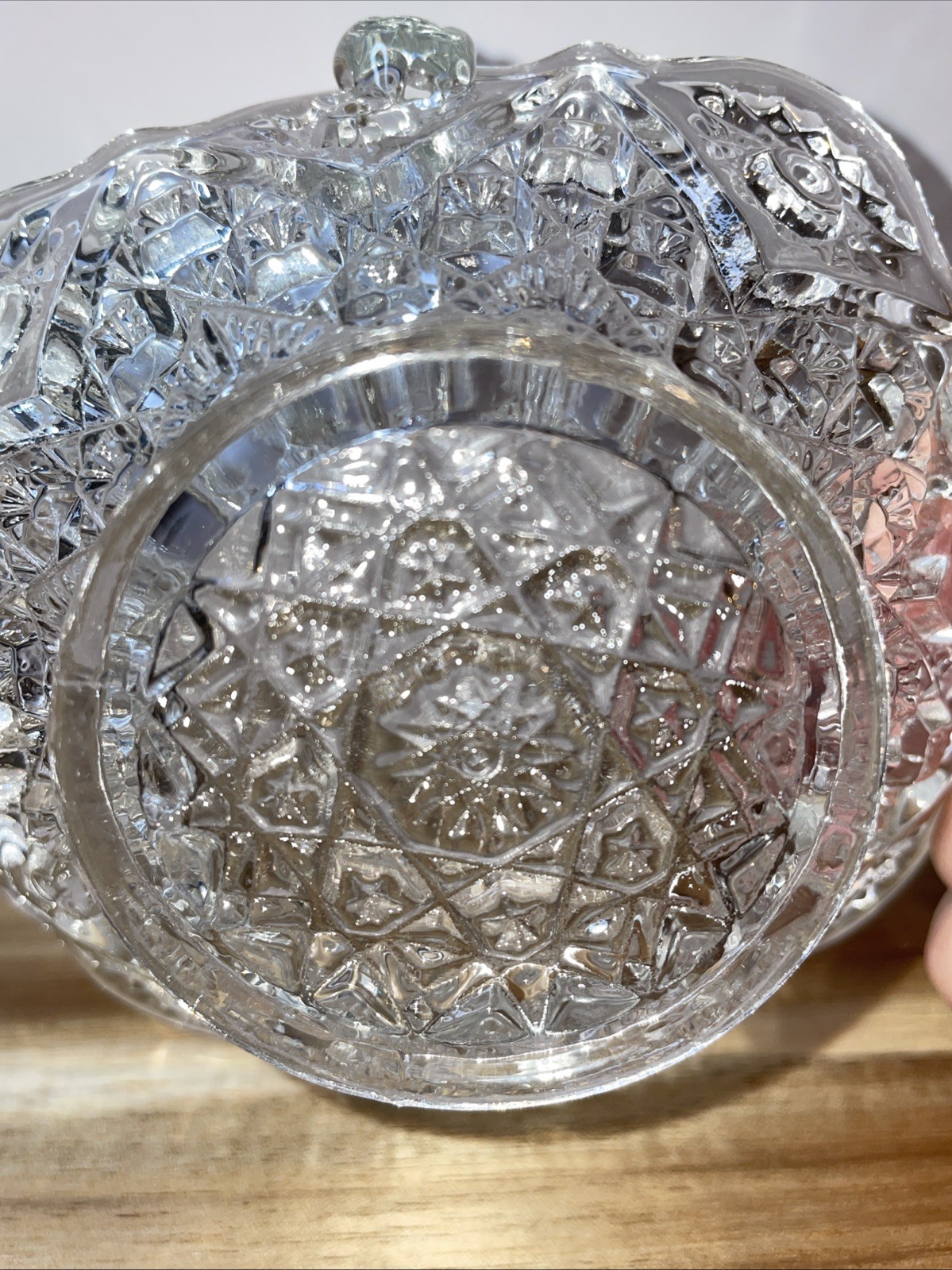 Clear Glass Basket Bowl With Handle Crystal Type 4″ Tall x 5″ Wide Used