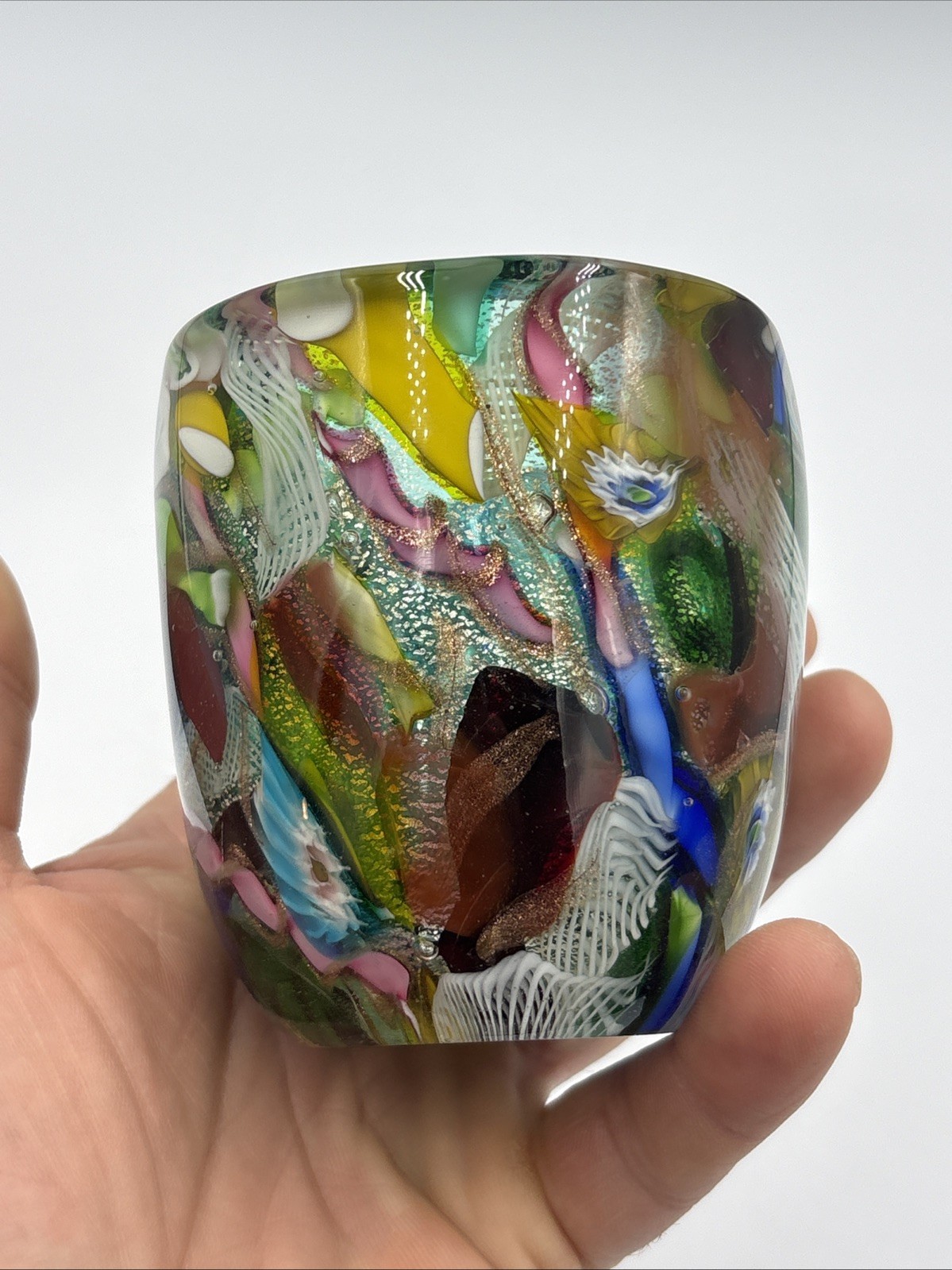 Murano Glass Small Vase “Tutti Frutti” Dino Martens 3-1/4” T. Triangular As Is