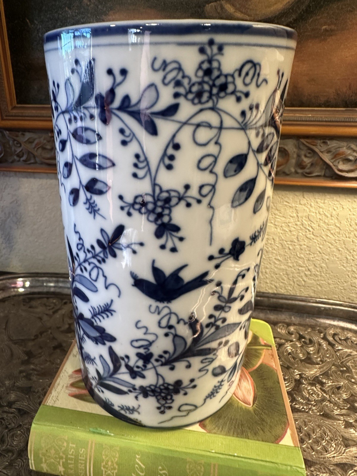 19th Century-Cylindrical 8”H Vase-MEISSEN-Blue & White-Birds/Leaves-Gilding-RARE