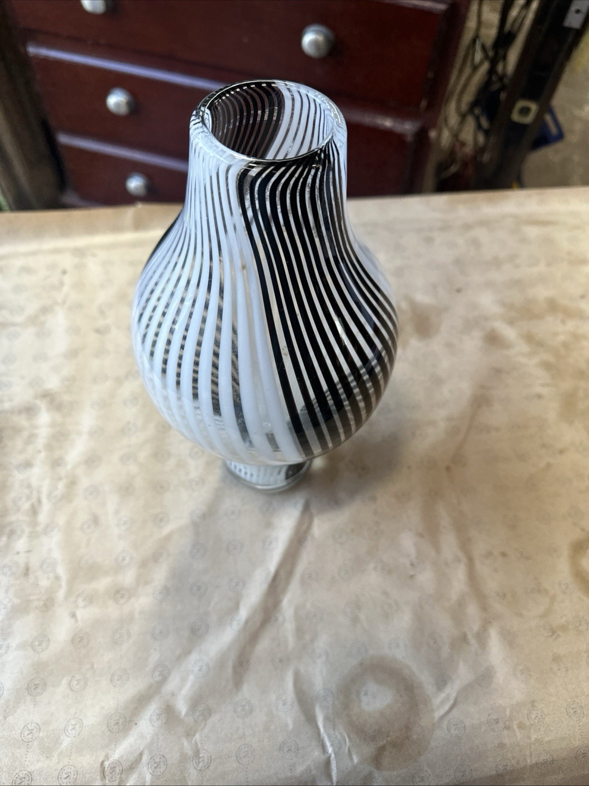 Contemporary Blown Glass Vase Black And White Swirl 11” Tall 5” Dia At Middle.