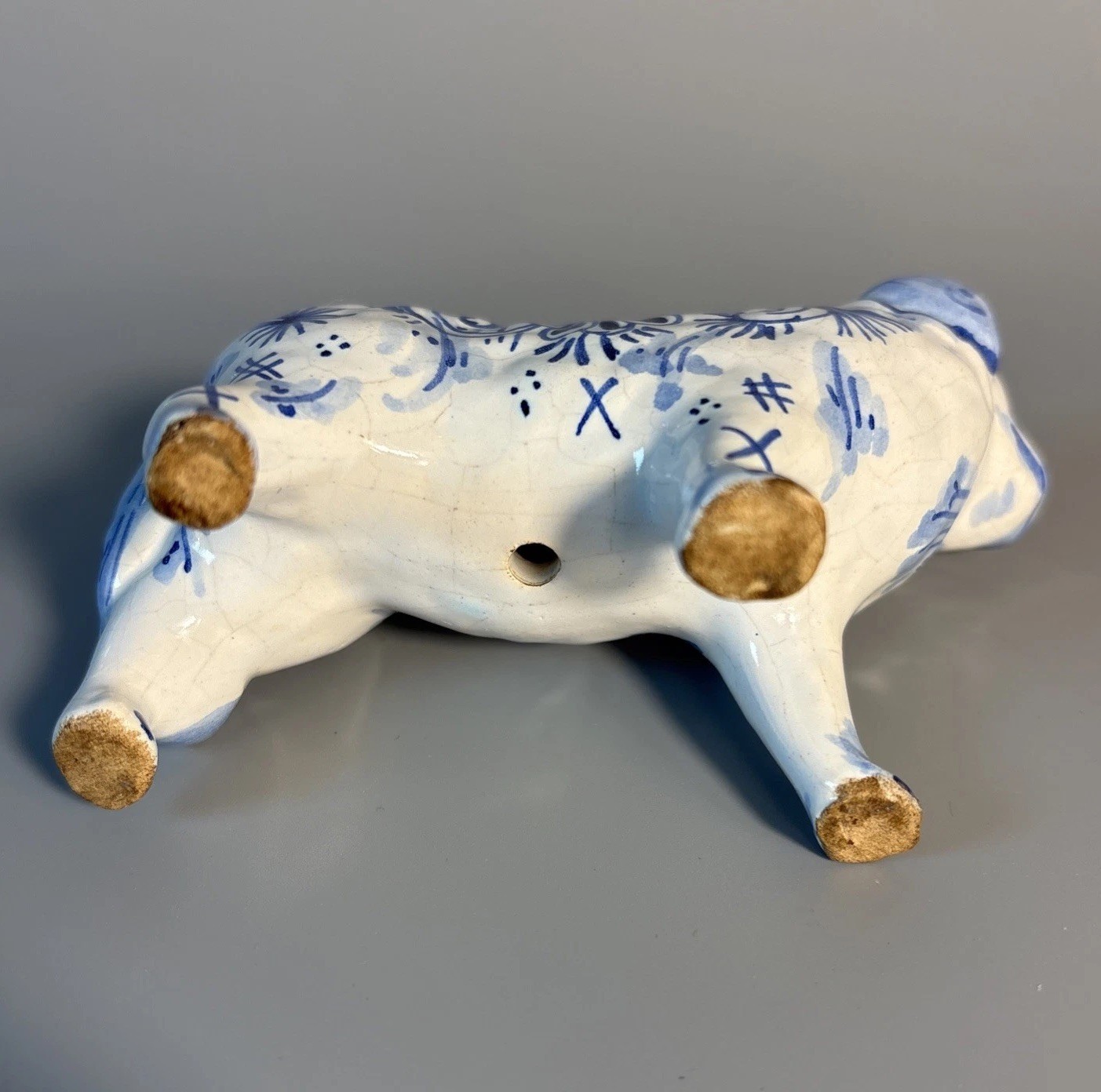 19th Century Delft Pottery Dog Figurine – Netherlands – Blue Floral Design