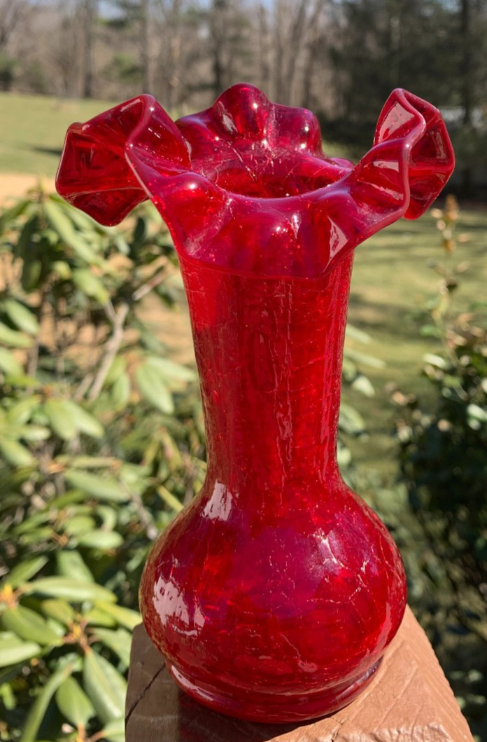 Vintage Ruby Red Crackle Glass Vase Ruffled Edge 6” Art Glass Crackled Finish