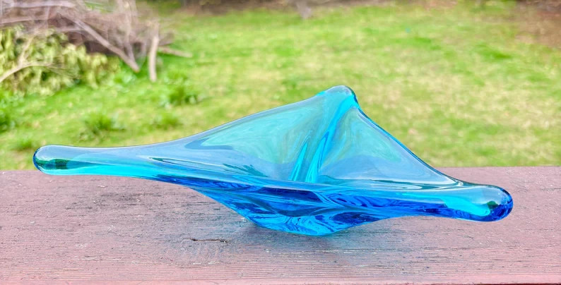 Vintage Murano Glass Bowl, Aqua Blue Hand Blown Art Glass, Mid Century Italian