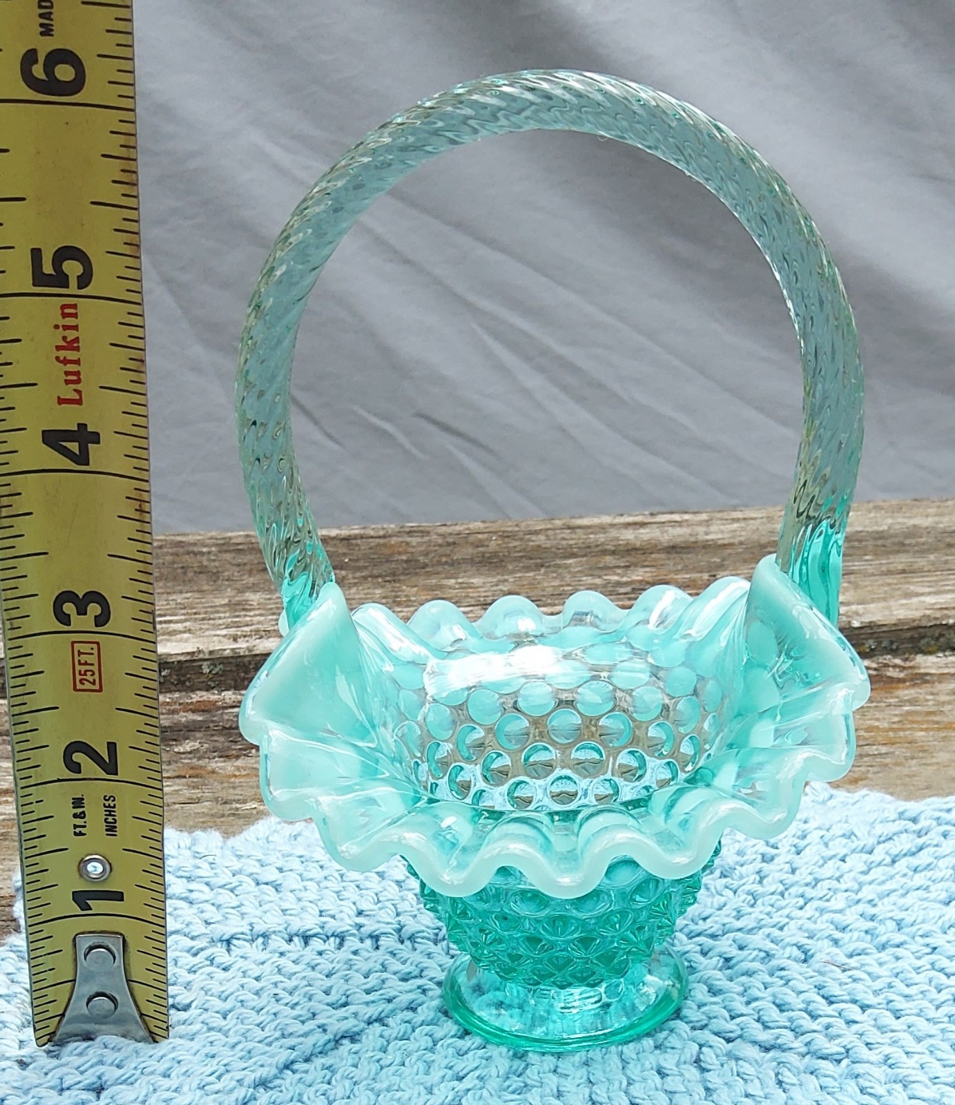 Fenton Glass Blue Opalescent Hobnail 6″ Basket Ruffled Edge Vintage