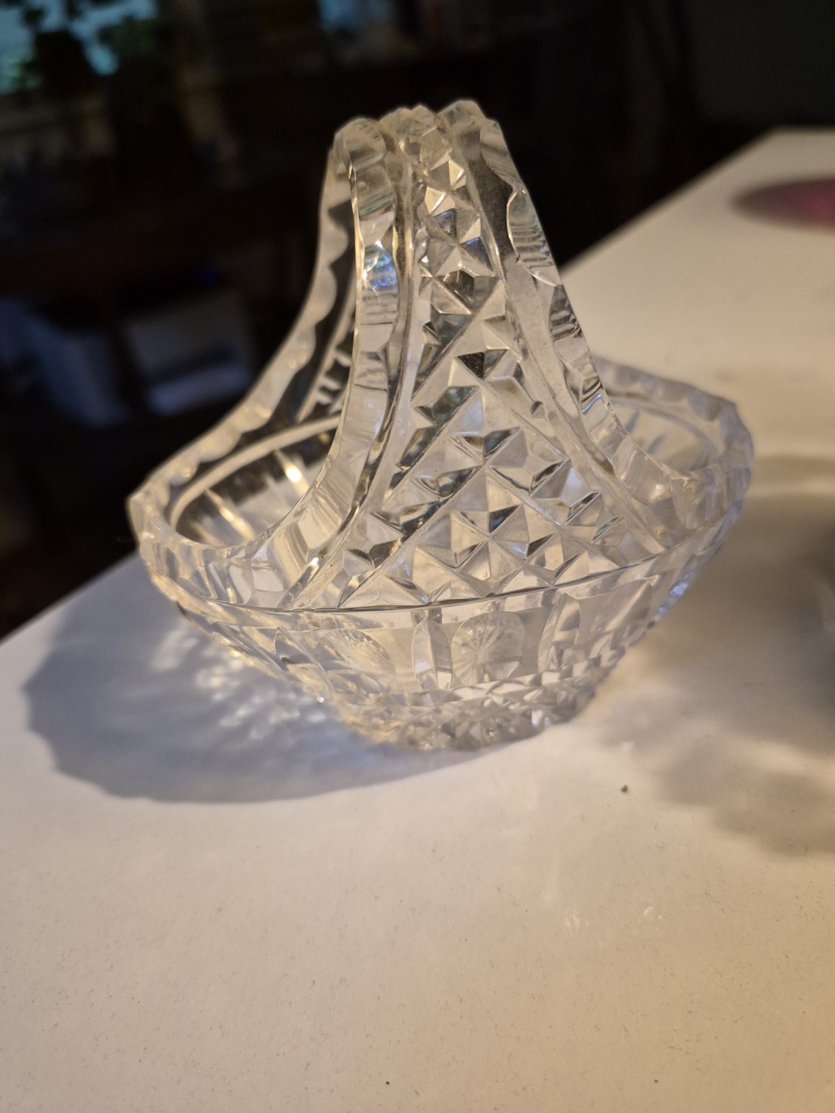Early America Nucut Glass Candy/ Trinket Bowl With Crystal Cut Glass Basket