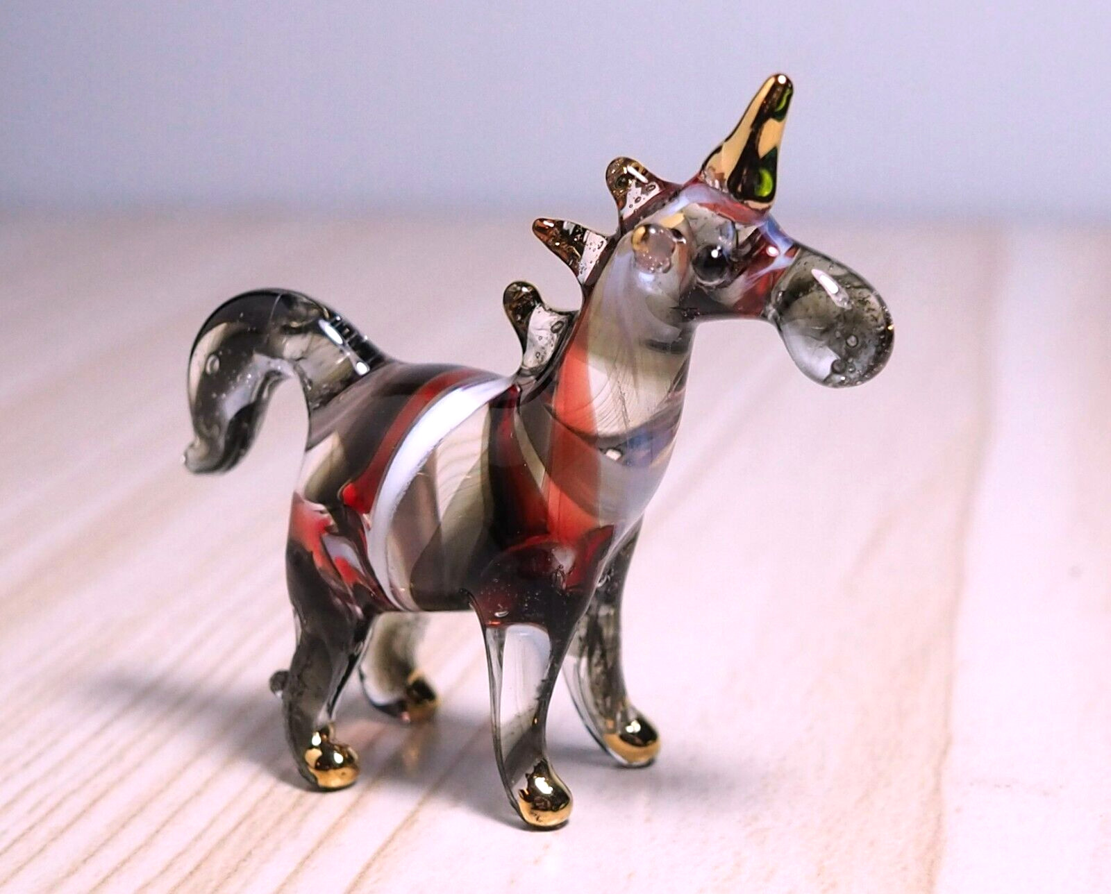 black Unicorn horse figurine hand blown glass art Myth gold trim 1.8″ gift decor