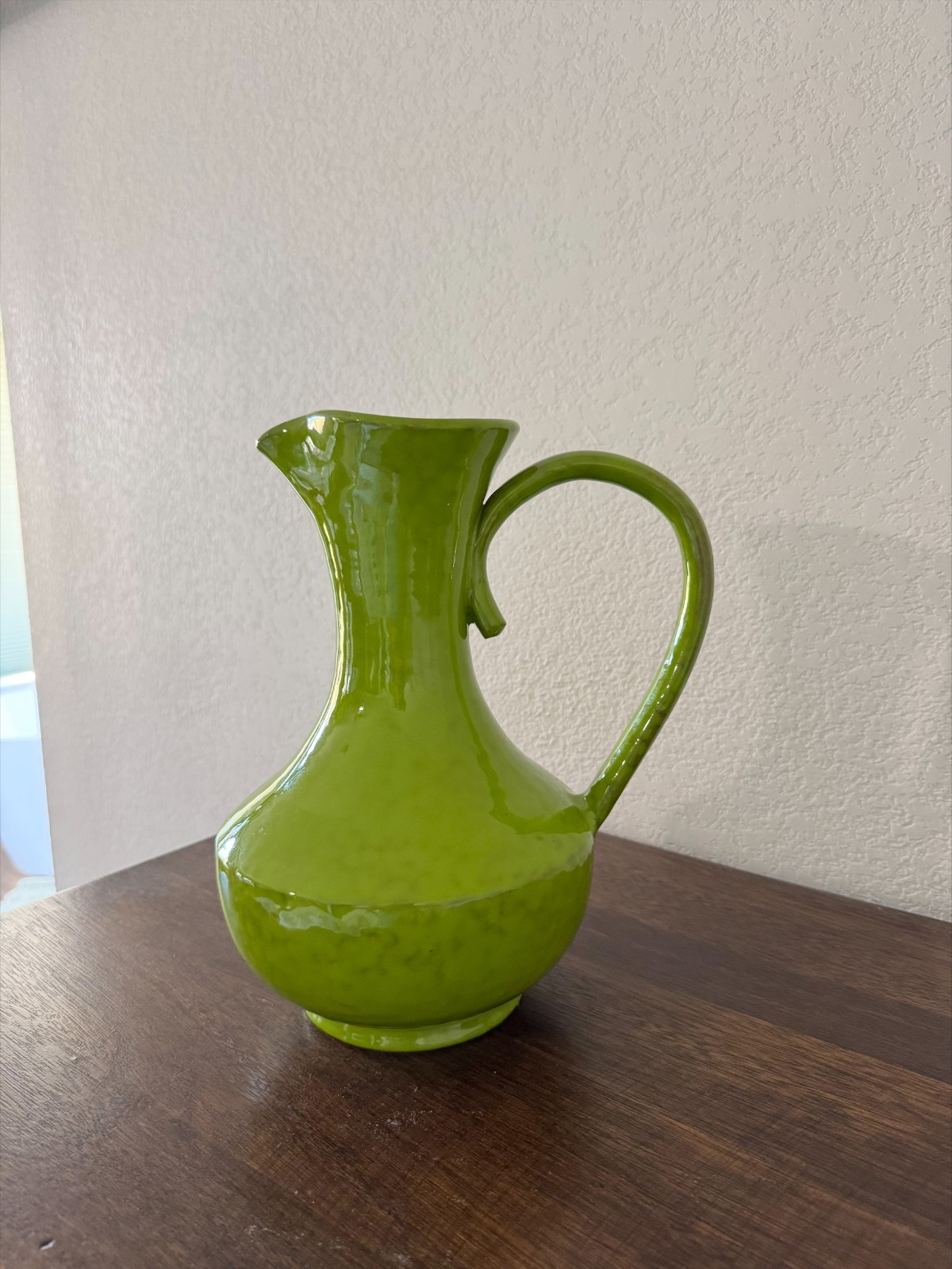 GORGEOUS Green Glazed Ceramic Pitcher Vase With Handle Mid Century Style 12”