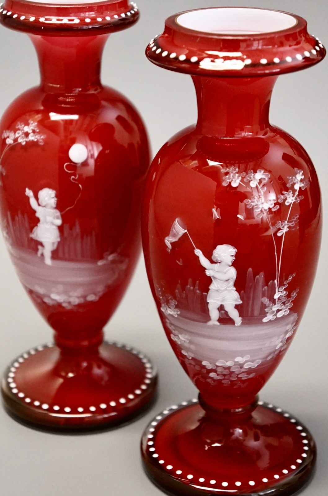 Very Fine and Rare Pair of Harrach Bohemian Scarlet Red Overlay Jeweled Mary Gre