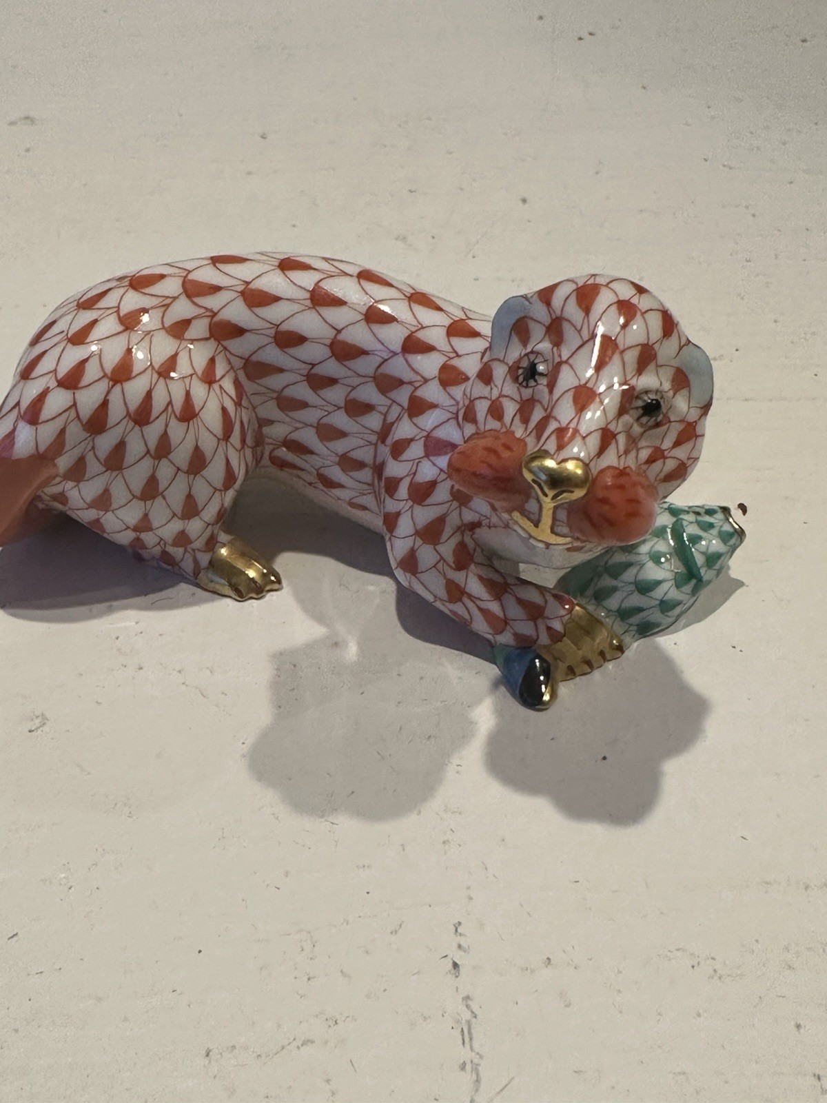 HEREND Otter W/ Fish Black Fishnet Figurine Rust Colored
