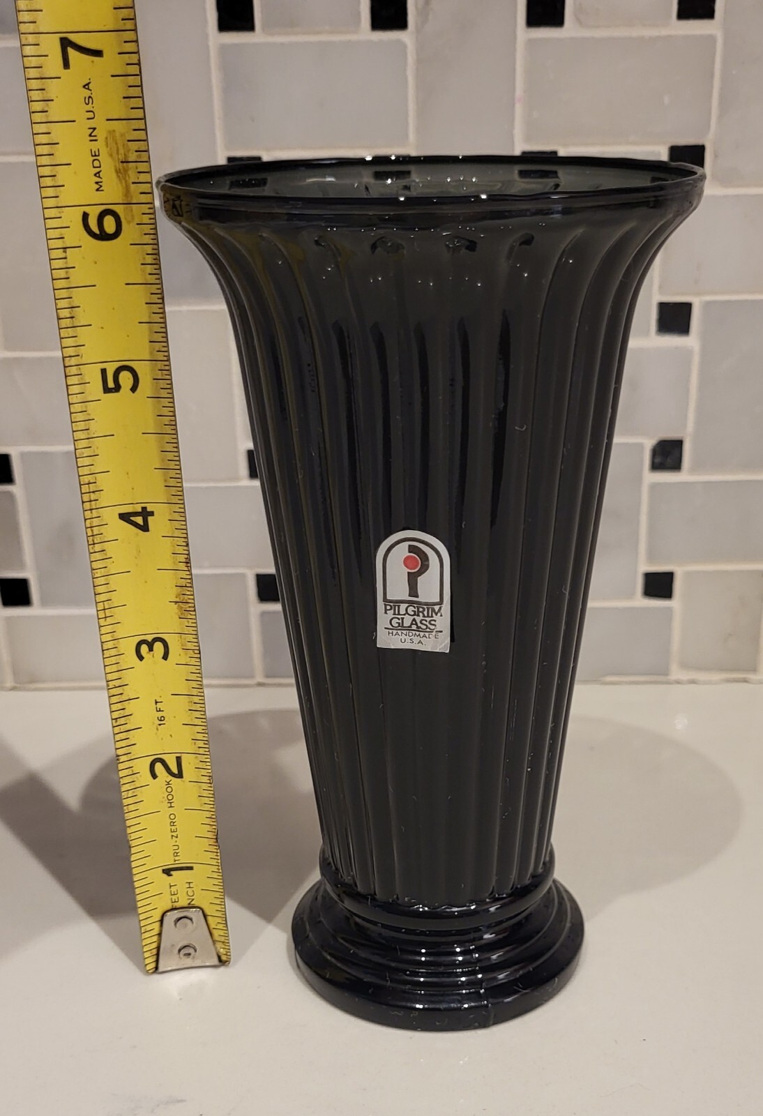 Vintage Art Deco Pilgrim Glass Black Vase 6 and 1/2 Inches Tall Handmade USA