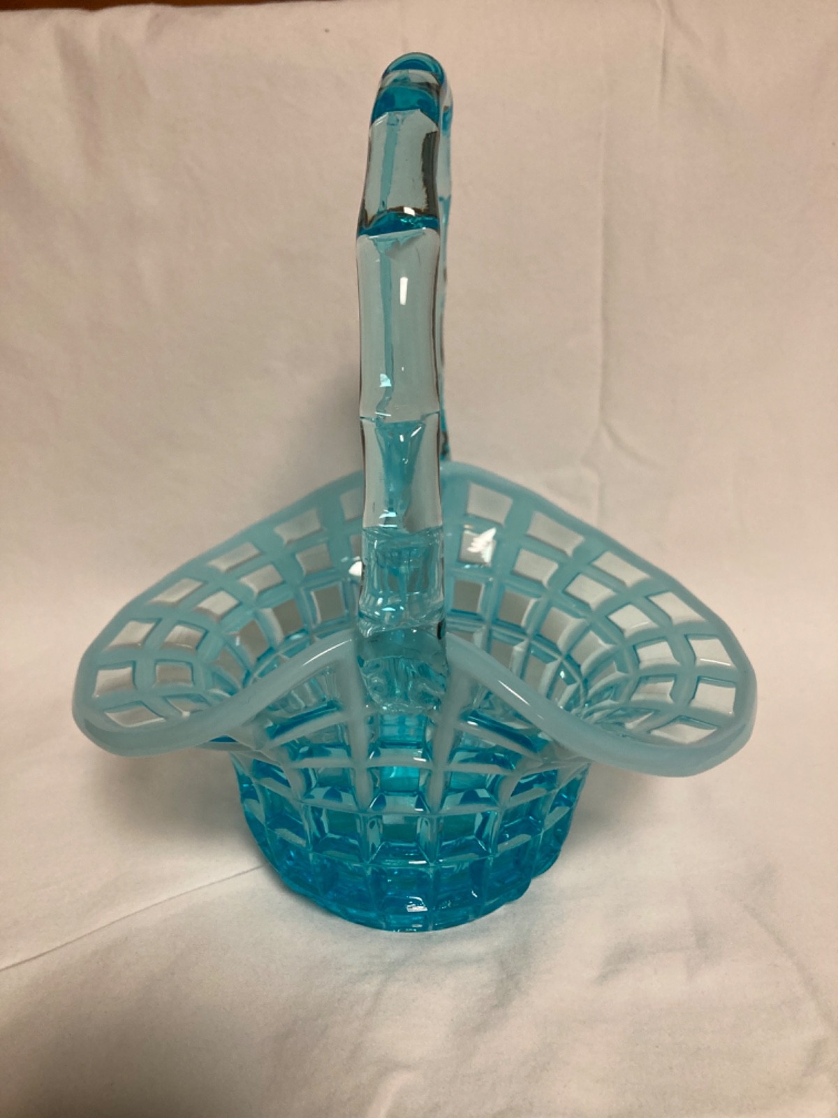 Fenton Waffle Glass Basket, Aqua Blue Opalescent, 1960 Beatty Waffle Pattern
