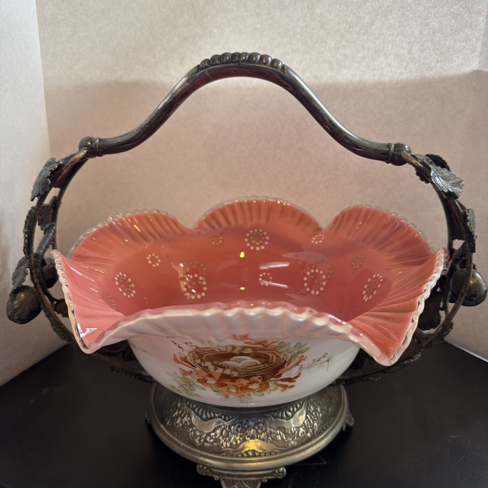 Pairpoint Brides Basket Mt. Washington Ruffle Cased Glass Silverplate Birds Nest