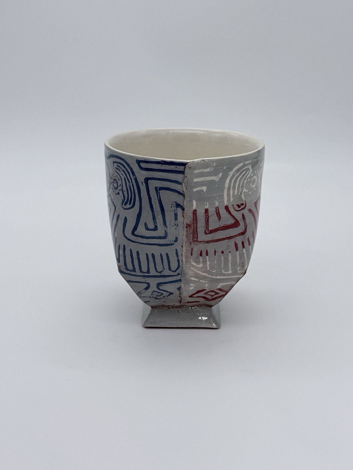 Vintage Red White & Blue Red Clay Studio Art Potty Bowl Planter Vase Signed