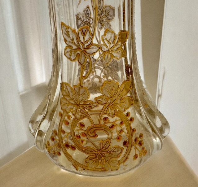 Moser Harrach Bohemian 10″ VASE Clear w Raised Gold & Enamel Grapevine Antique