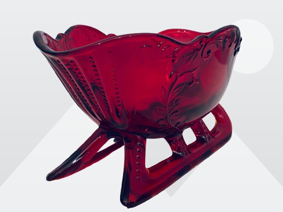 Vintage Mosser Large Ruby Red 9″ Santa Sleigh Bowl Candy Dish Center Piece