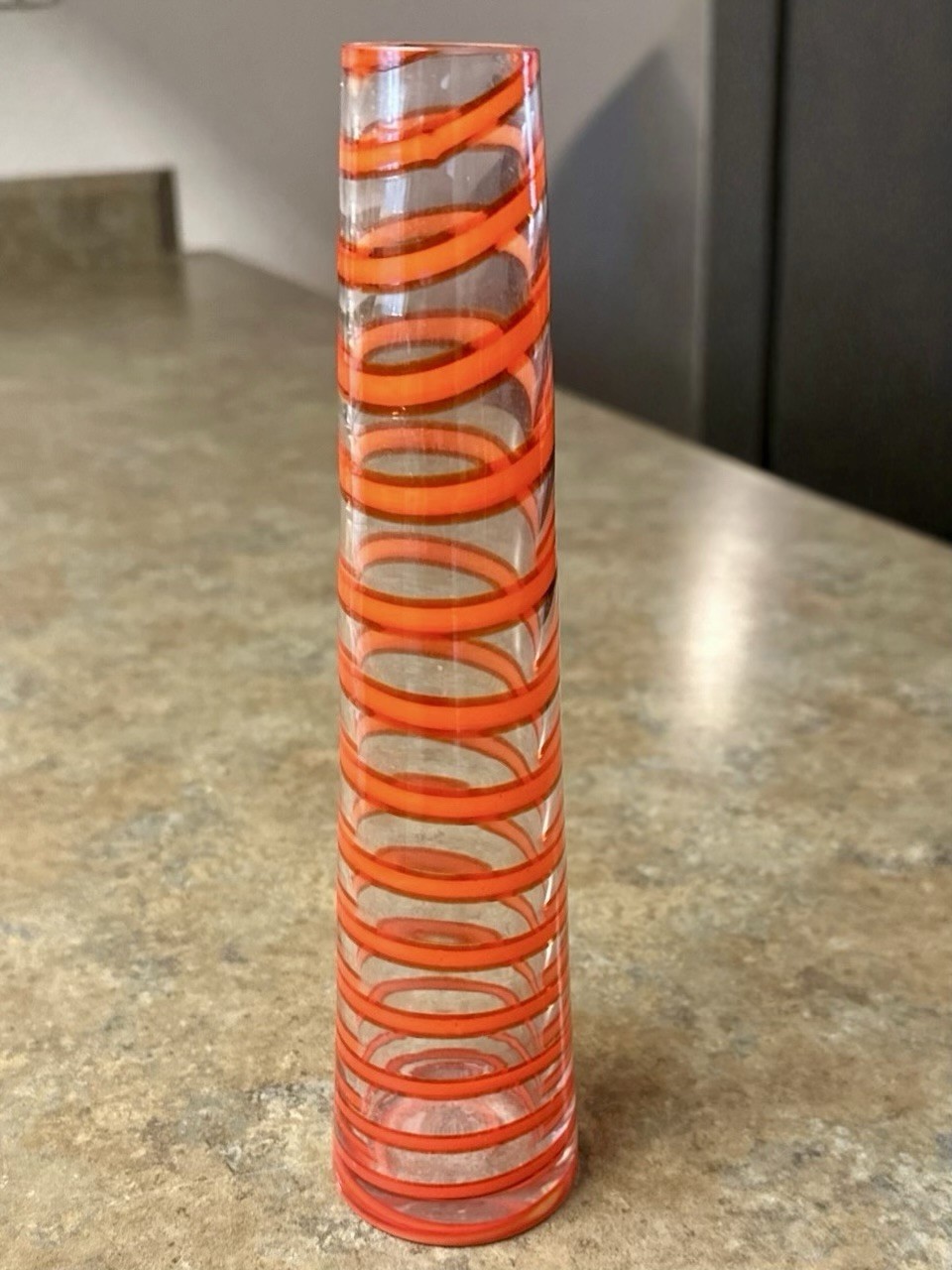 Vintage Mid-Century Orange Spiral Art Glass Bud Vase Tapered Clear Studio Art
