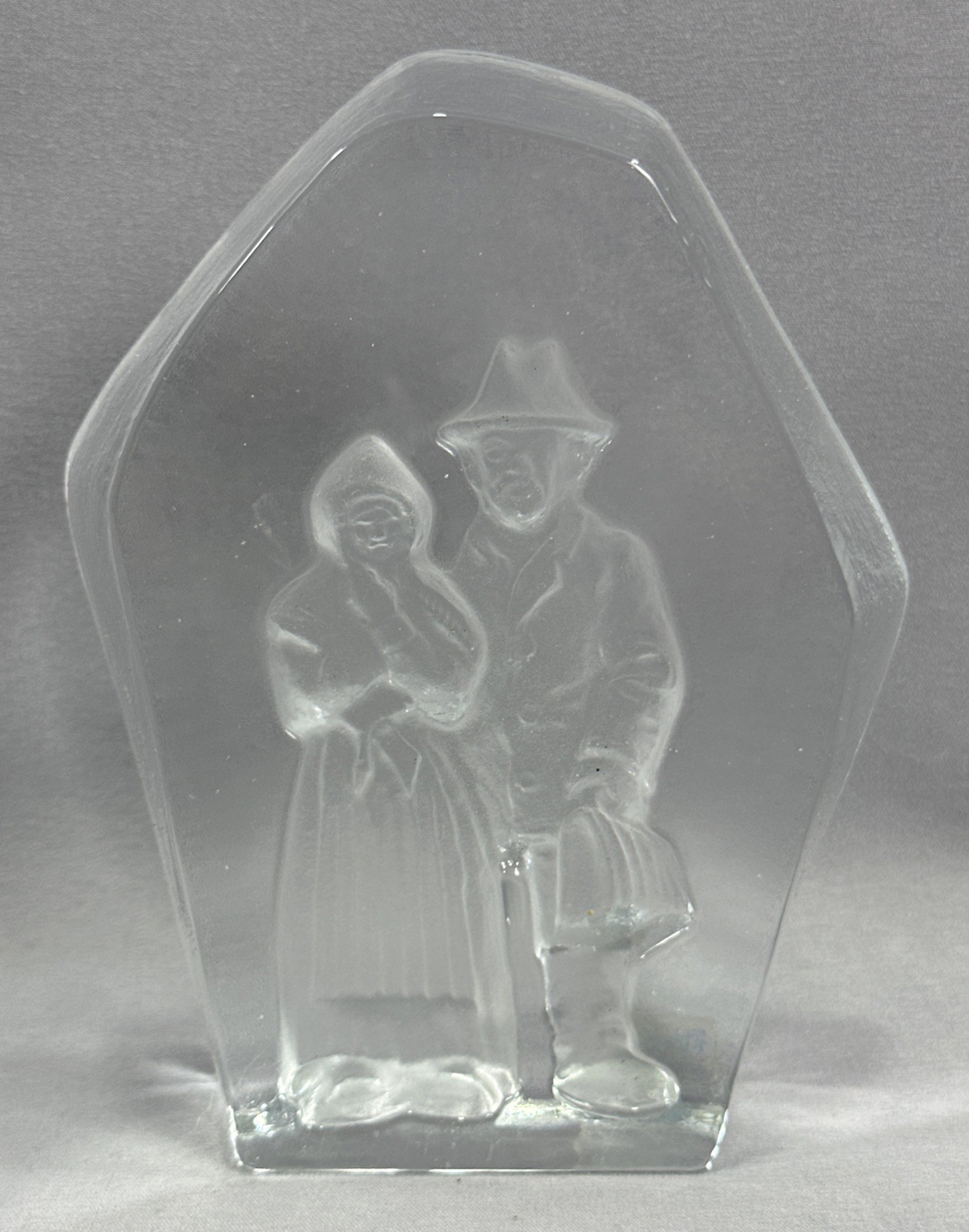 Nybro Sweden Carved Etched Art Glass Paperweight By Rune Strand People 5.5”