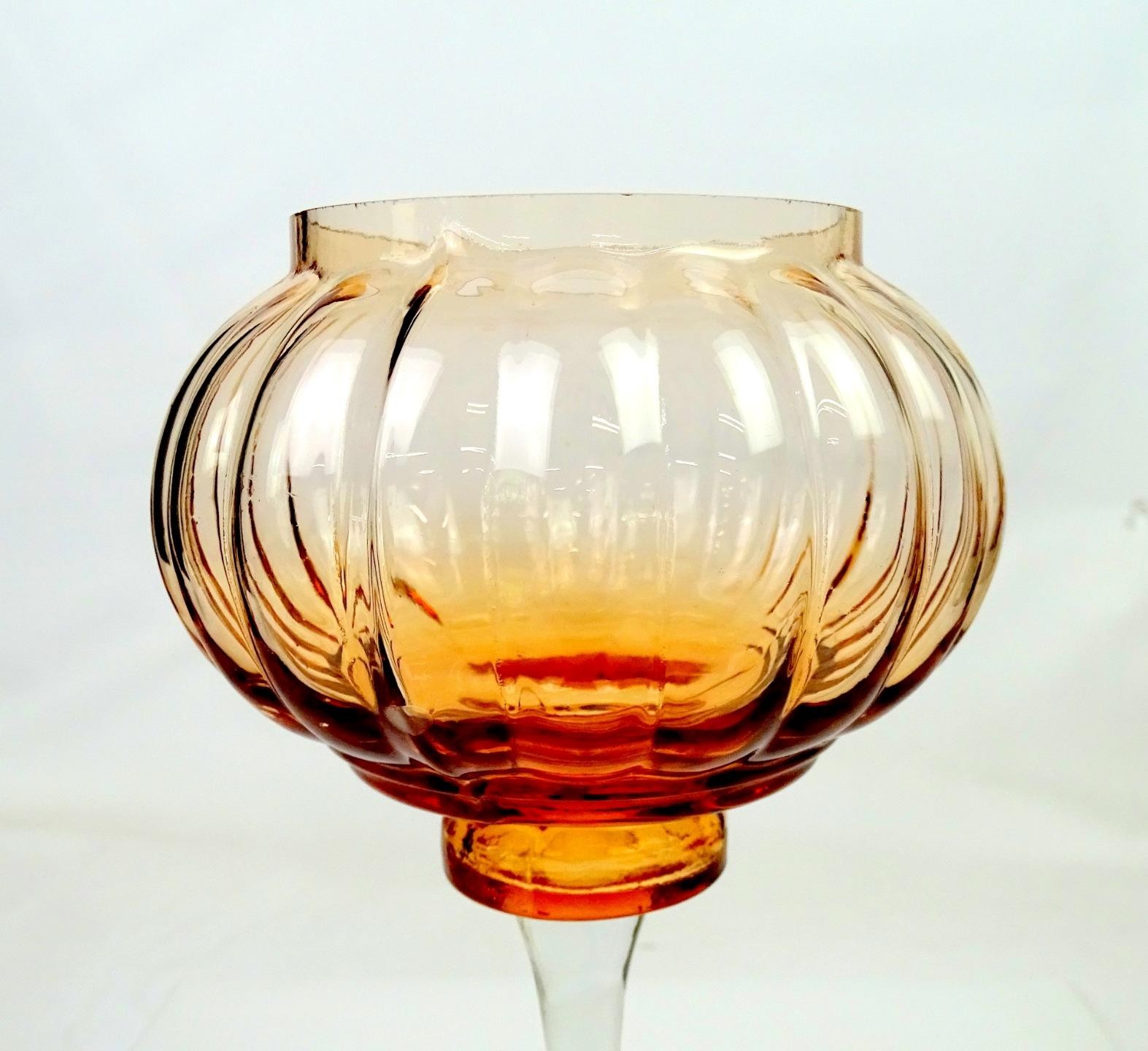 Bohemian Czech Glass Pink Melon Ribbed Vintage 10 3/4″ Candle Votive Holder 1950