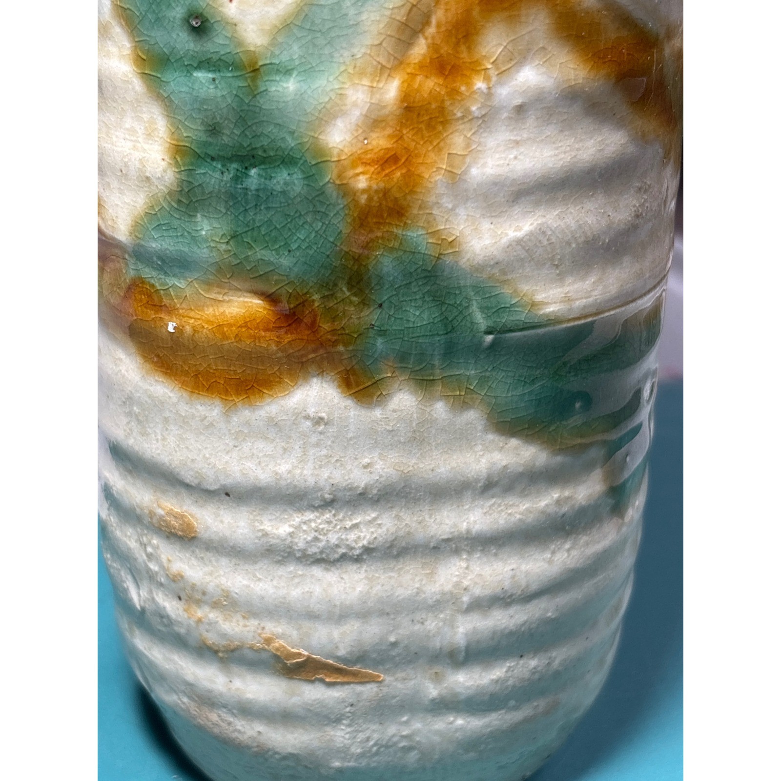 Japanese Stoneware Pottery Ribbed Cylinder Vase Crackle Glaze Amber Green Cream