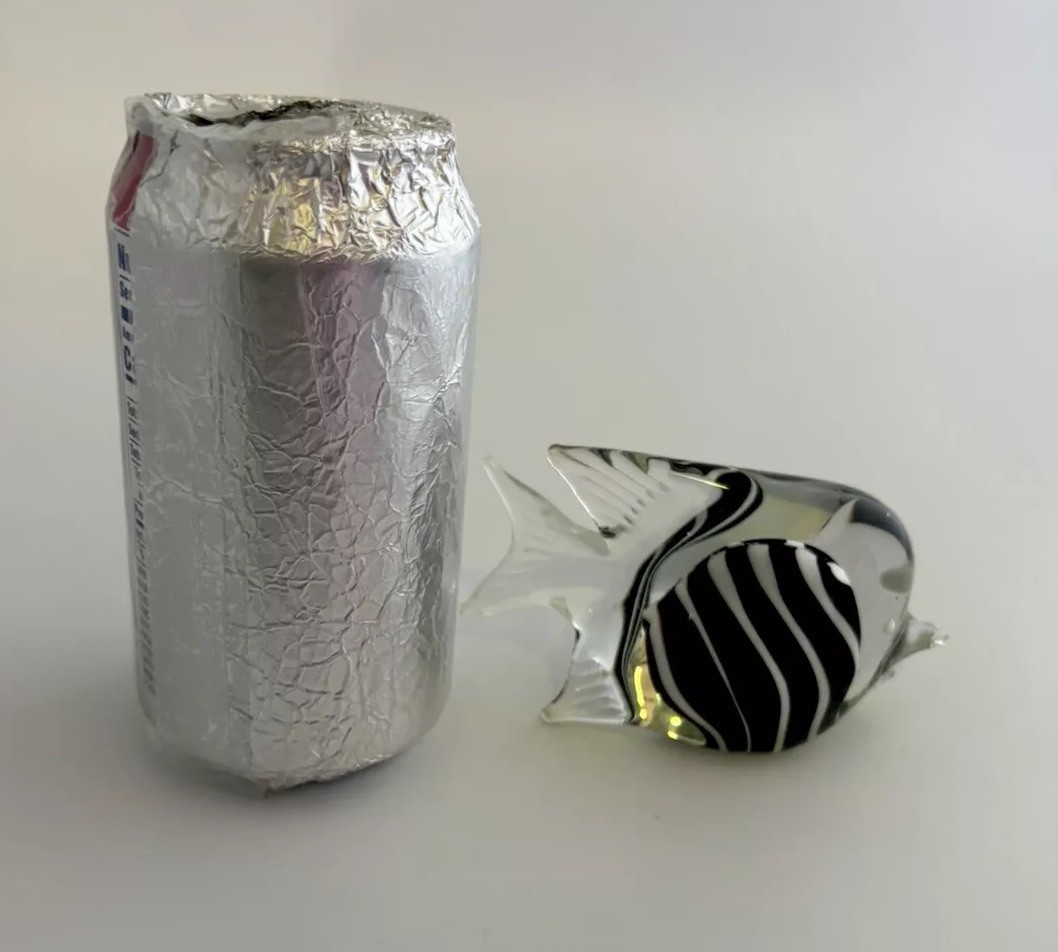 Art Glass Black, White & Clear Striped Angel Fish Paper Weight Figurine
