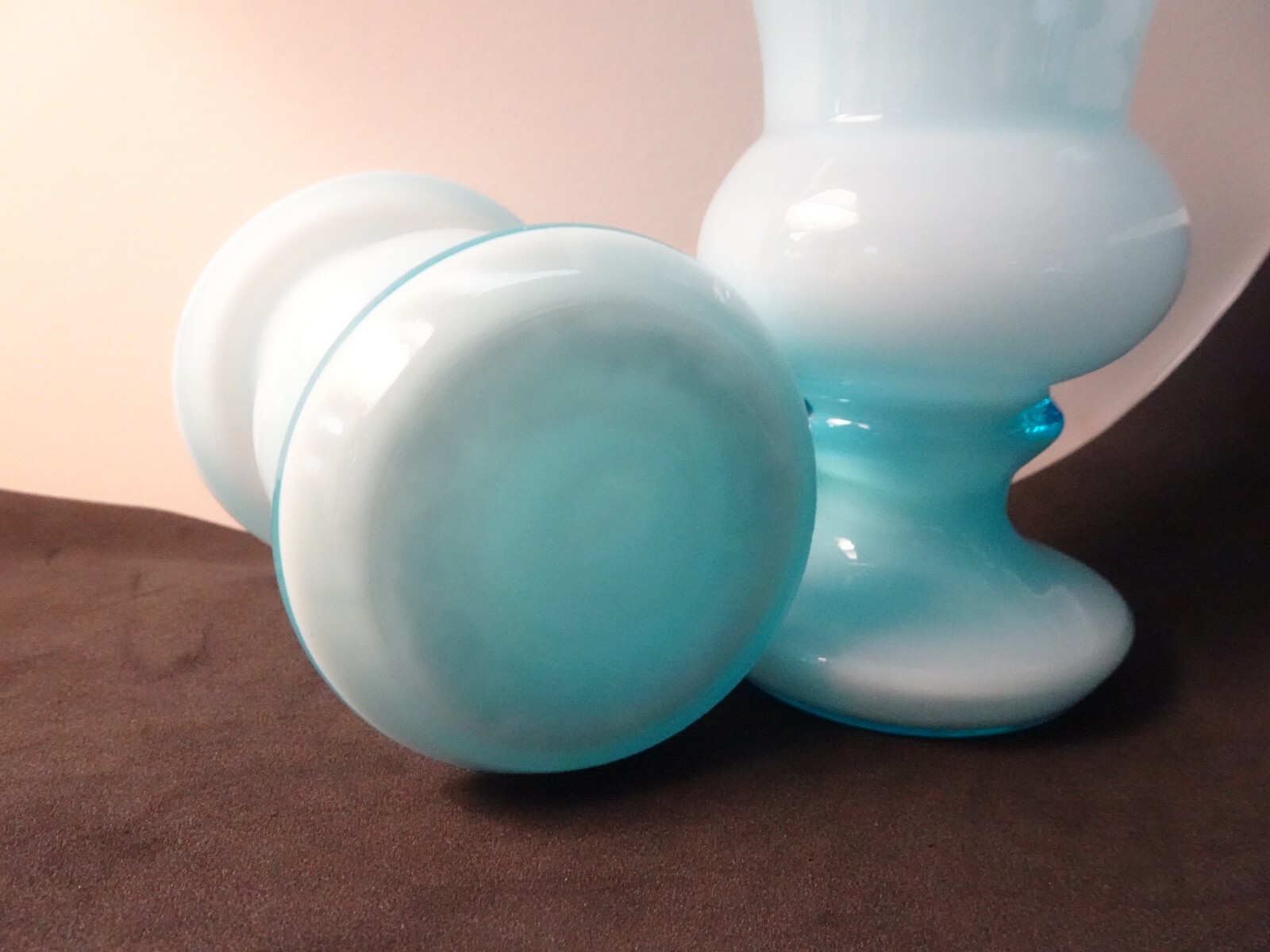 HTF Fenton Art Glass for Weil Ceramics Blue Overlay Milk Crest Rolled Top Vases