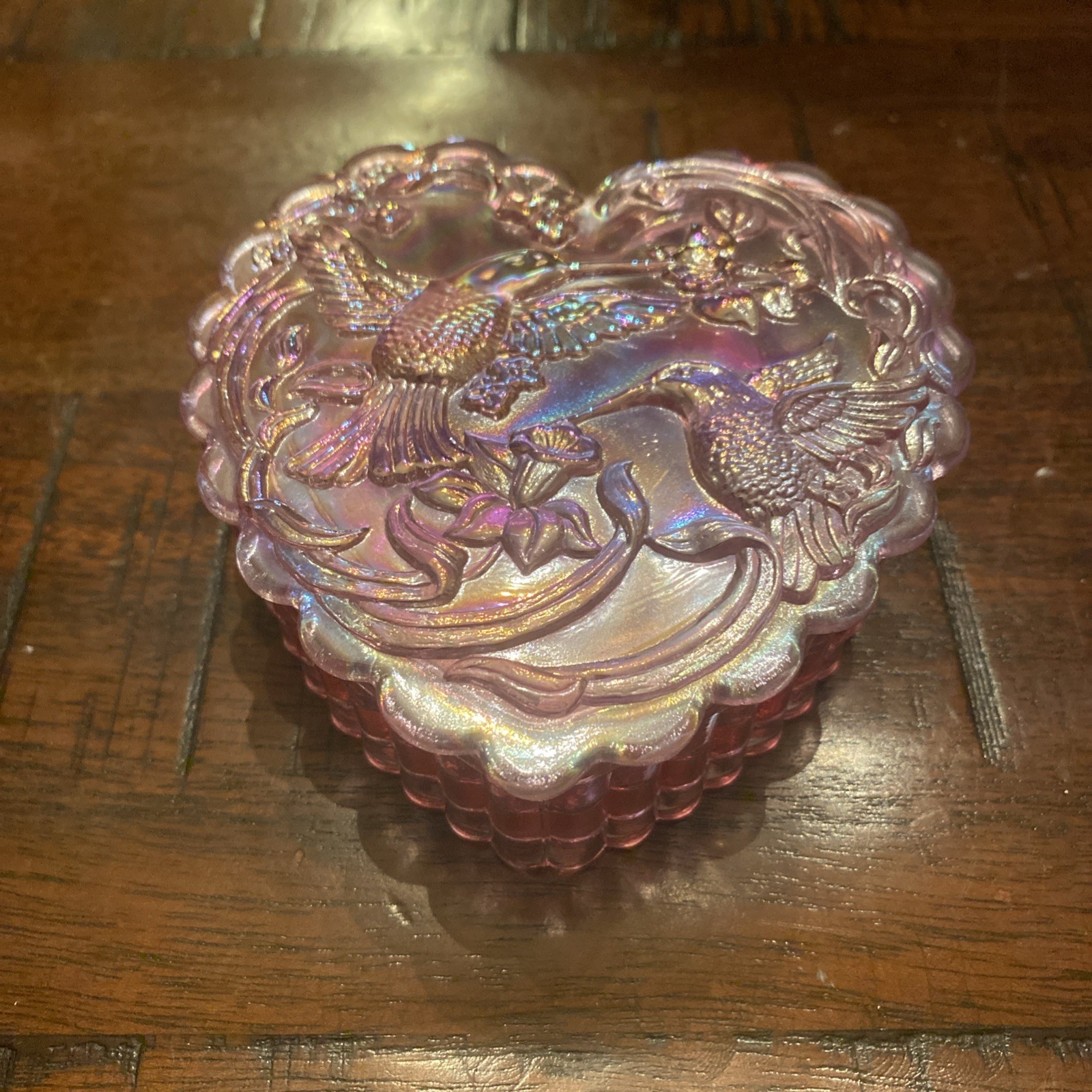 Fenton Pink Iridescent Glass Heart Shaped Trinket Box w/ Hummingbirds