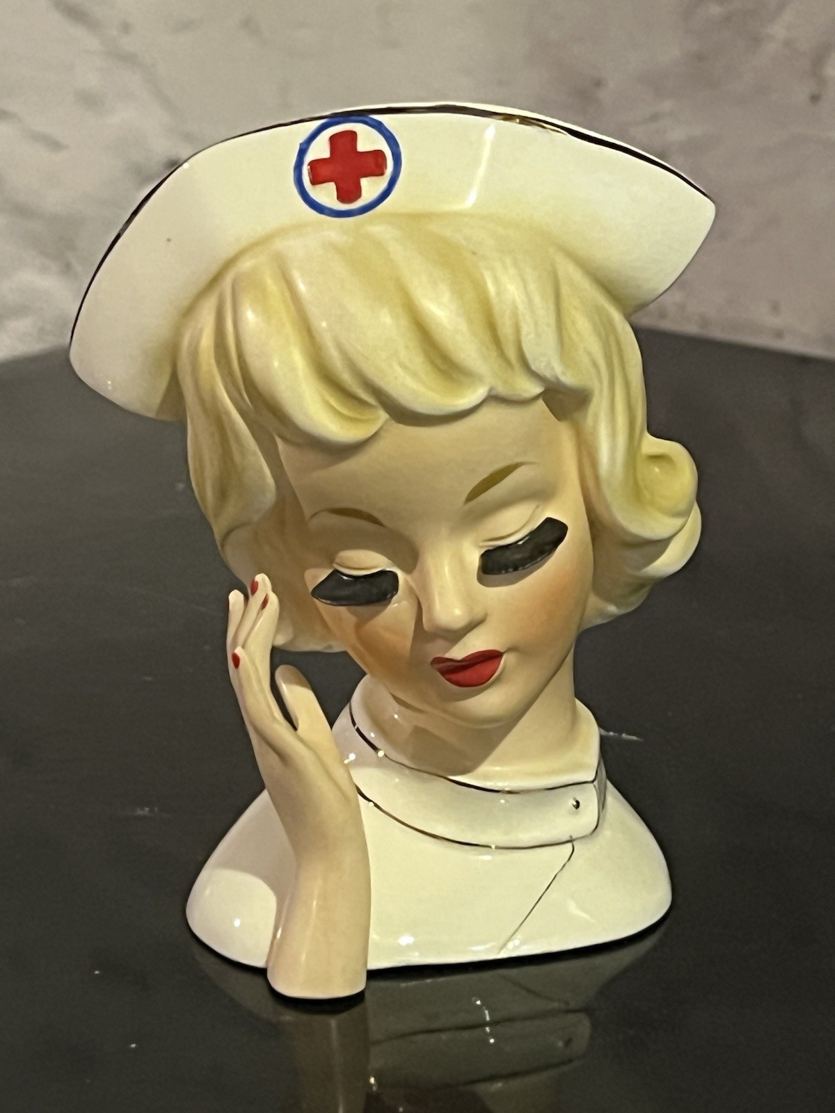 VINTAGE LADY HEAD VASE BLONDE WWII NURSE EYELASHES RED CROSS LARGE 5.5 RARE HTF