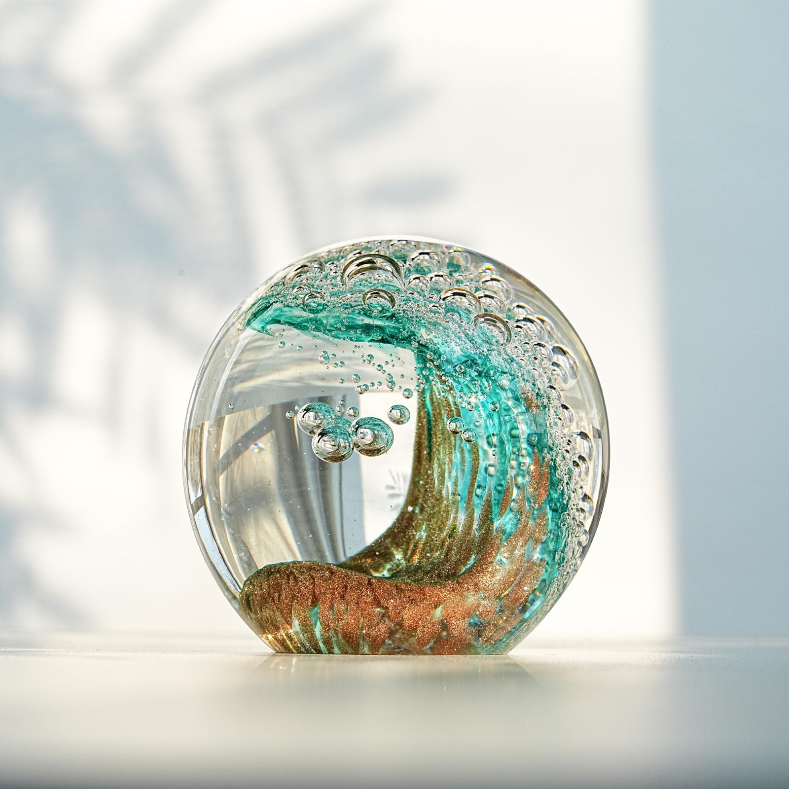 Ocean Wave Glass Ball 2.3″ Blue Crystal Paperweight, Nautical Decor Sphere, Gift