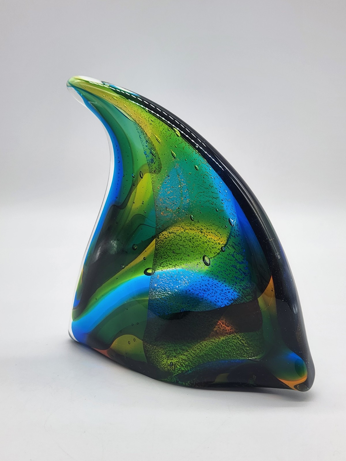 Art Glass Paperweight Fish Fin Blue, Green, Yellow 5.25″ x 5″