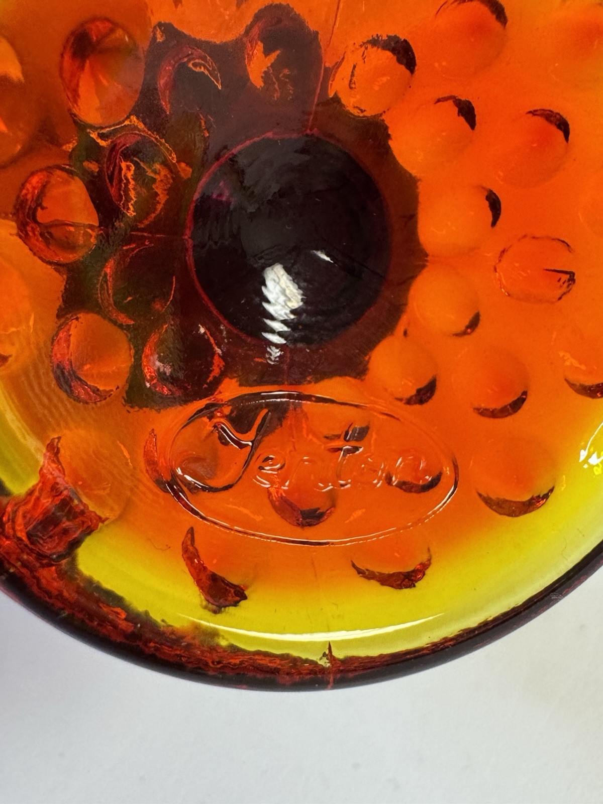 Vintage 70s FENTON 10″ Glowy Amberina Red & Yellow Hobnail Print Swung Bud Vase