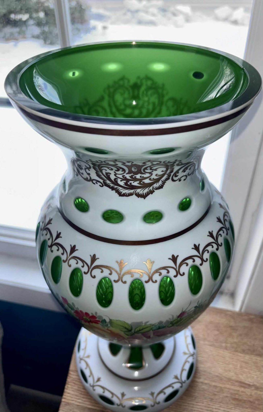 White & Green Glass Hand Painted Floral Vase Glossy Decorative Multicolor