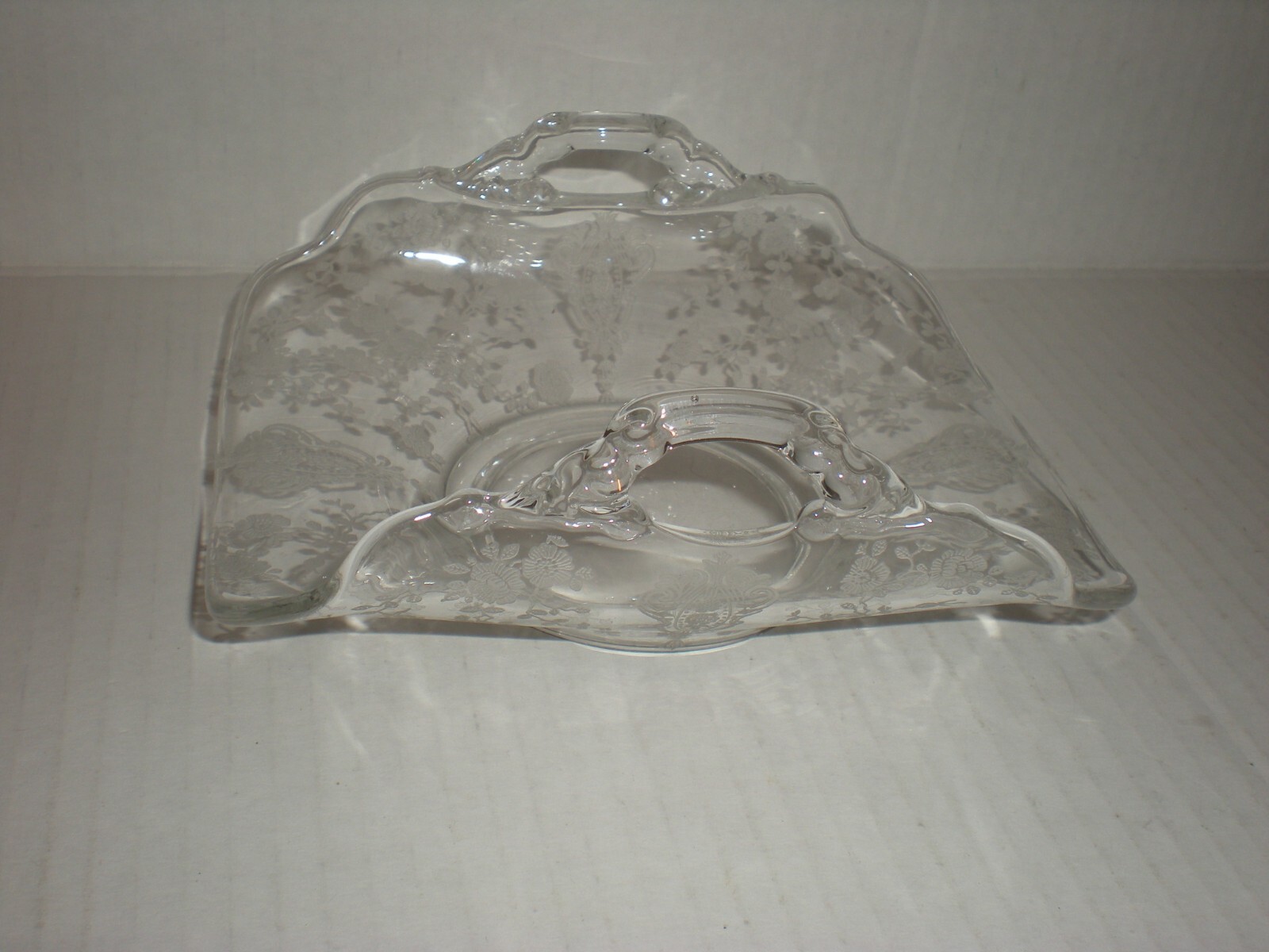 CAMBRIDGE ROSE POINT Crystal 2 Handled Basket Dish BON BON 6″ SQUARE #3400 1182